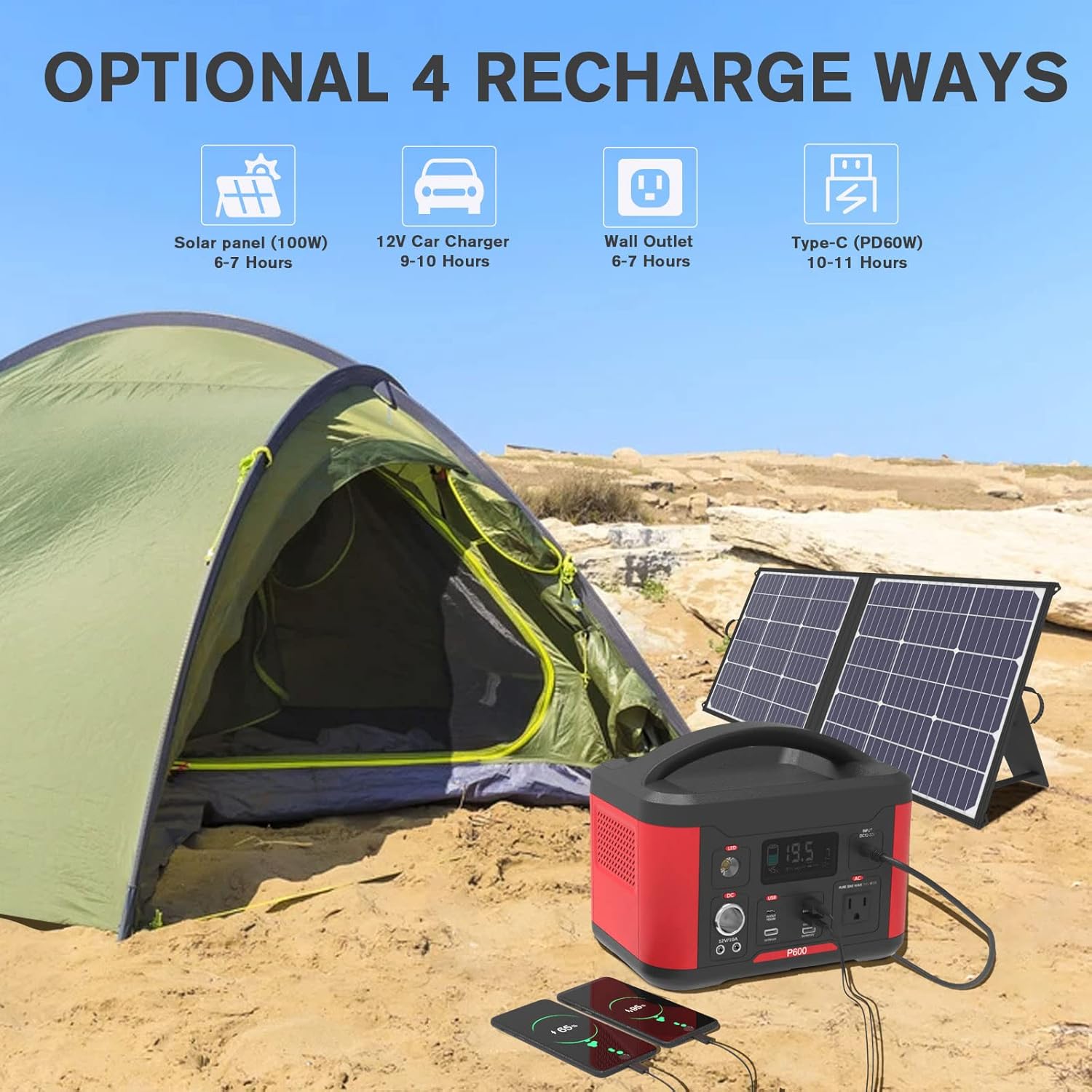 GOOLOO Portable Power Station 600W , 626Wh Solar Generator with 110V AC Outlet,Type-C 60W PD Port,QC 3.0 Port,Mobile Lithium Battery Pack for Emergency, Outdoor RV/Van Camping