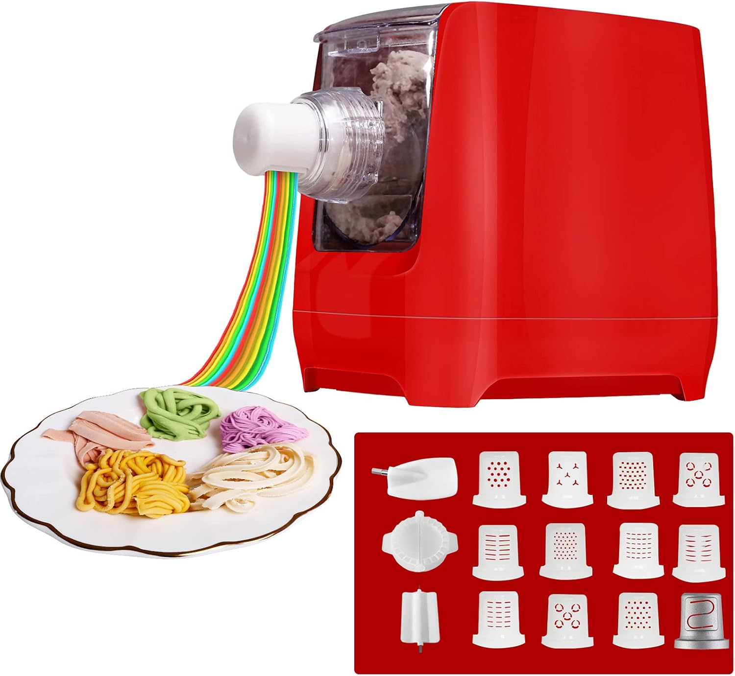 Pasta Maker Machine, Home Automatic Noodle Extruder Machine, 12 Noodle Shapes to Choose - Make Spaghetti, Fettuccine, Macaroni, or Dumpling Wrappers,One-key Automatic Operation For Kitchens (Red)