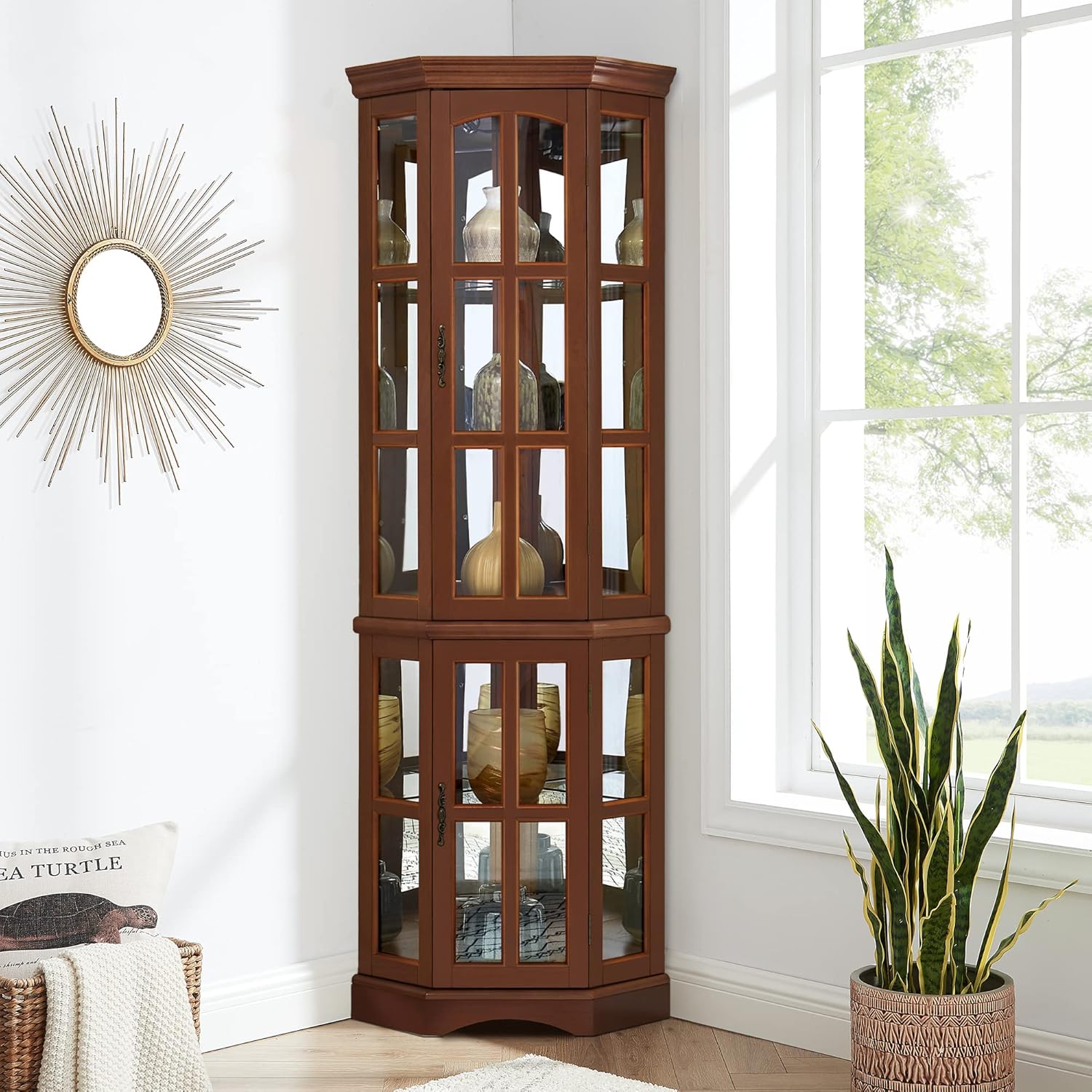 GOOD & GRACIOUS Corner Curio Cabinet with 5 Shelves and Lighting System, Walnut