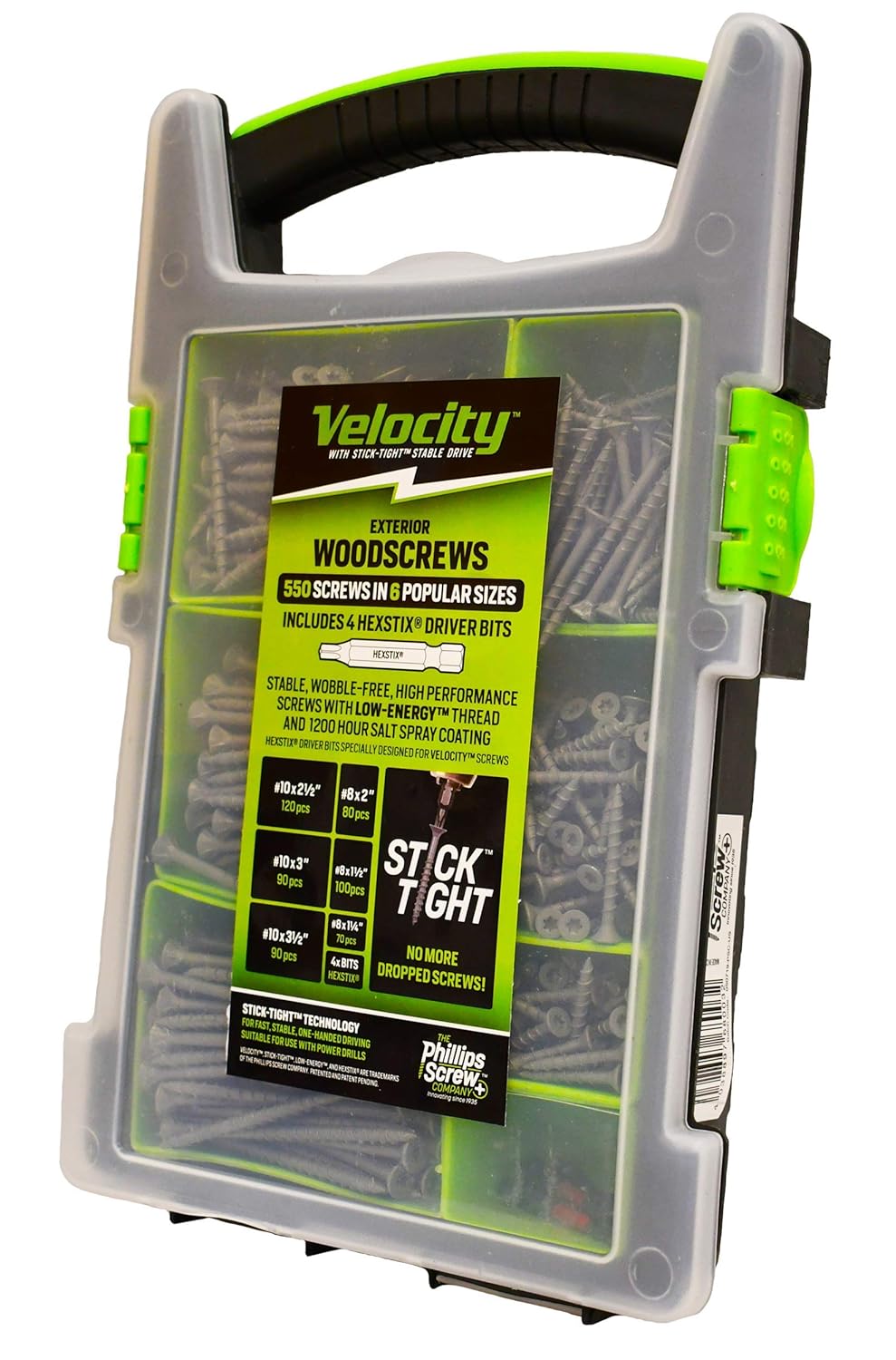 Velocity Exterior Wood Screw Site-Case - 550 Screws in 6 Popular Sizes and 4 Hexstix Star Drive Bits Pack of 2