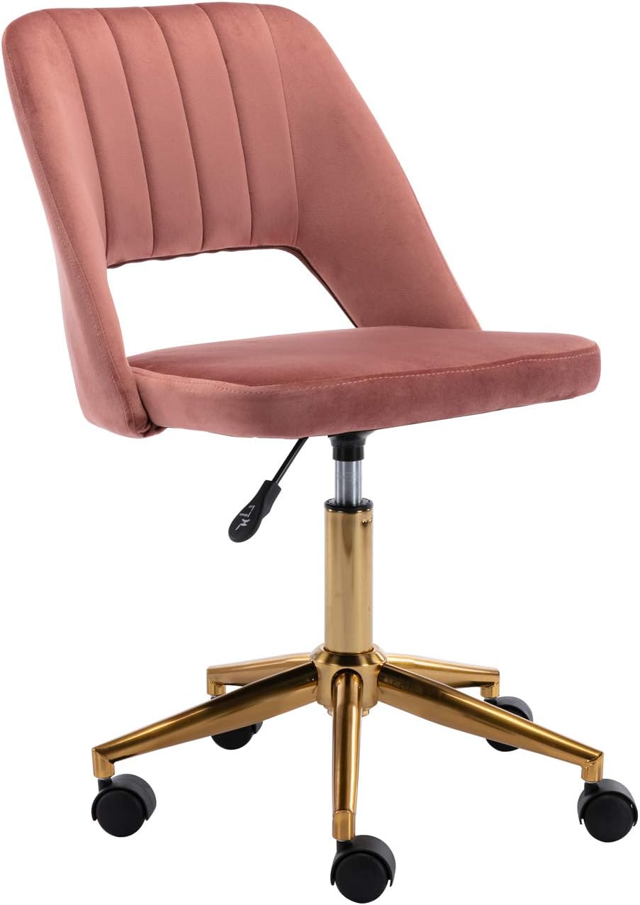 DM Furniture Velvet Office Desk Chair with Wheels, Mid Back Modern Home Office Chair Small and Cute for Bedroom, Yellow with Silver Base