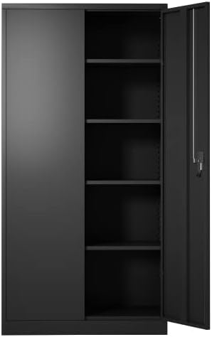 Steel Storage Cabinet, 5 Shelf Metal Storage Cabinet with 4 Adjustable Shelves and Lockable Doors （Black）