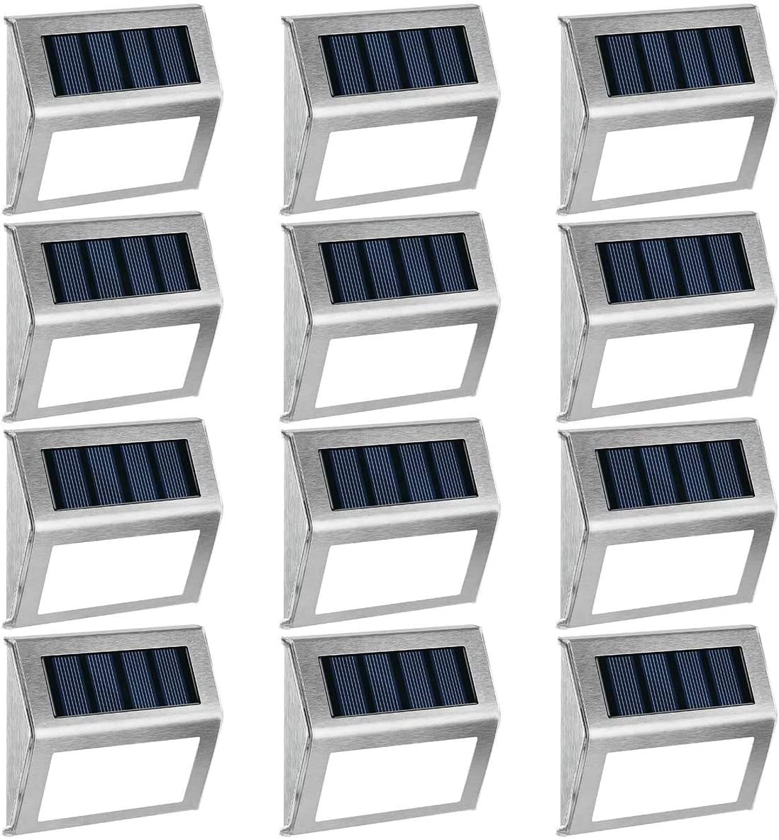 GIGALUMI 12 Pack Solar Deck Lights,3 LED Solar Stair Lights,Outdoor LED Step Lighting Stainless Steel Waterproof Led Solar Lights for Step/Stairs/Pathway/Walkway/Garden-(Cold White)