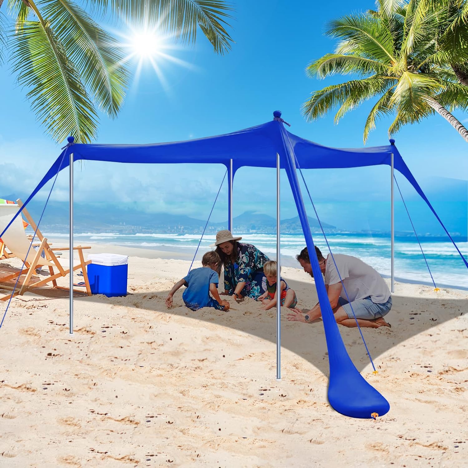 Poudee Beach Tent, 10&times;10 FT Beach Canopy with 4 Poles, UPF50+ Pop Up Sun Shelter for 4-8 Person, Portable Outdoor Shade Canopy for Beach, Picnics, and Backyard