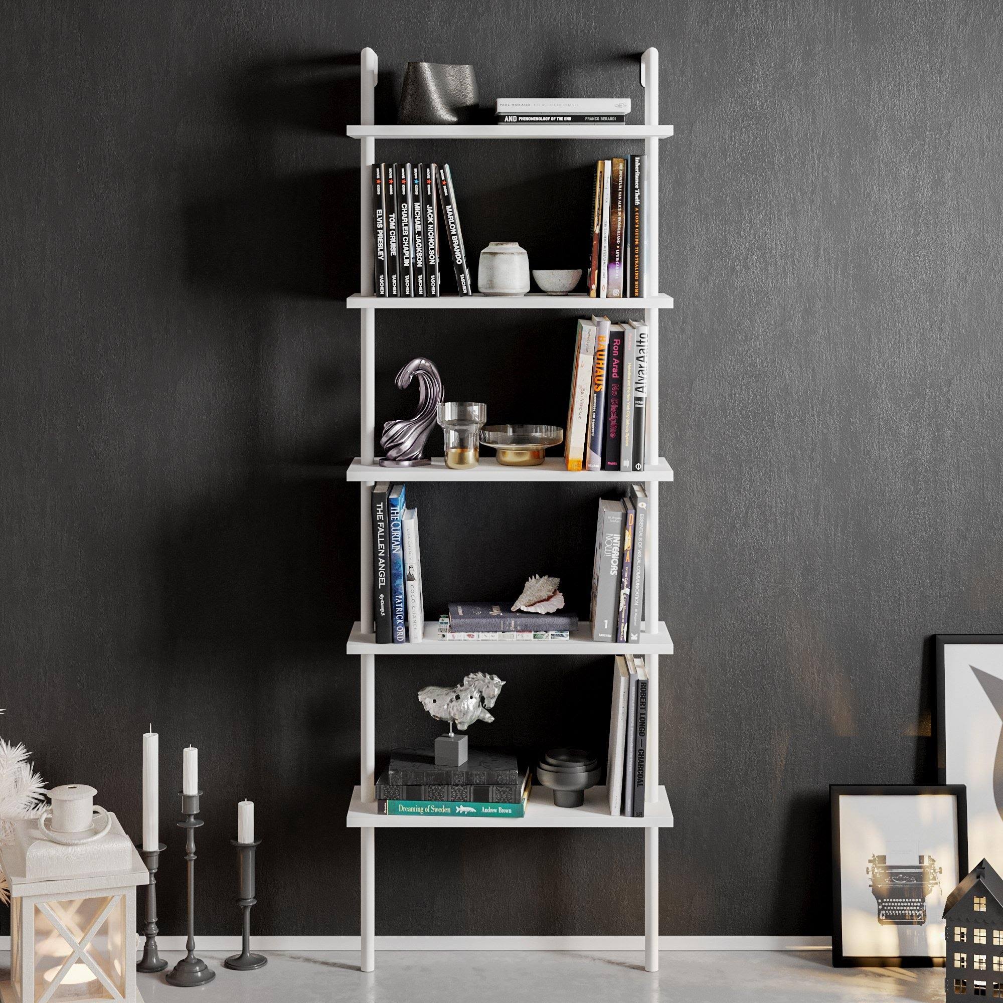Decorotika Paula 68&& Tall Metal Wood Accent Ladder Bookcase - Ephesus White u0026 Gold