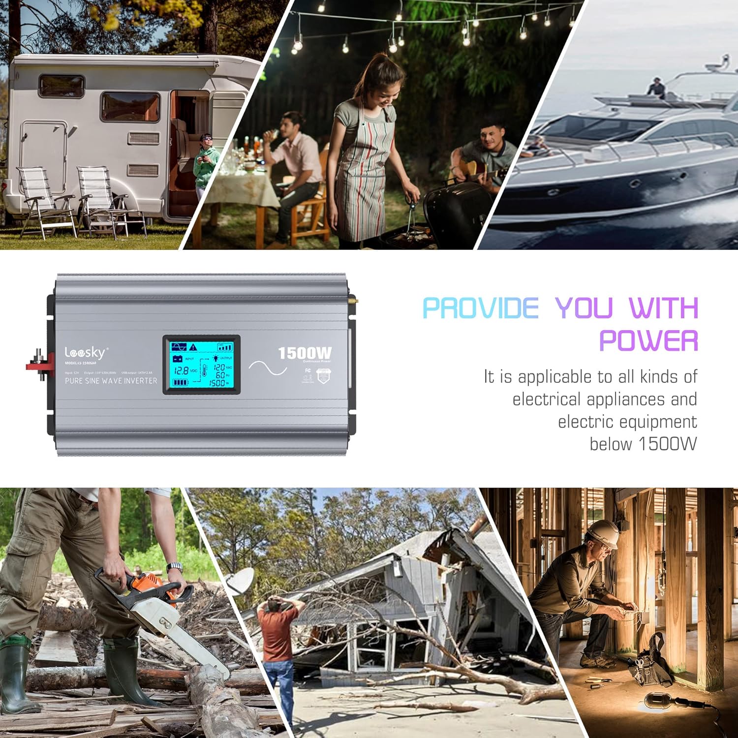 Pure Sine Wave 1500W Power Inverter DC 12V to AC 110V 120V with Dual GFCI Sockets LCD Display Remote Controller & Dual 4.8A USB Ports LEESKY