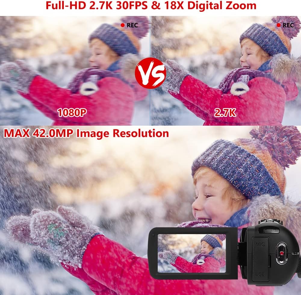 Camcorder Full HD 2.7K 30FPS 42MP 18X Digital Zoom Video Camera for YouTube Fill Light Pause Function Vlogging Camera with 3.0’’LCD and 270°Rotation Screen Digital Camera with Remote Control Pack of 2