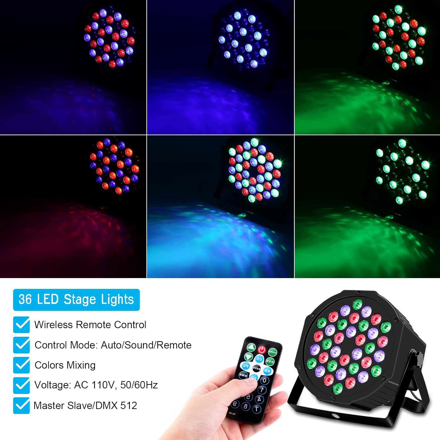 DJ Lights, HAKUTA 36 LED Stage Lights RGB DJ LED Par Lights Sound Activated Stage Lights, Remote and DMX Controlled DJ Uplights for Wedding, Birthday, Christmas, Music Show and Dance Party, 2 Packs