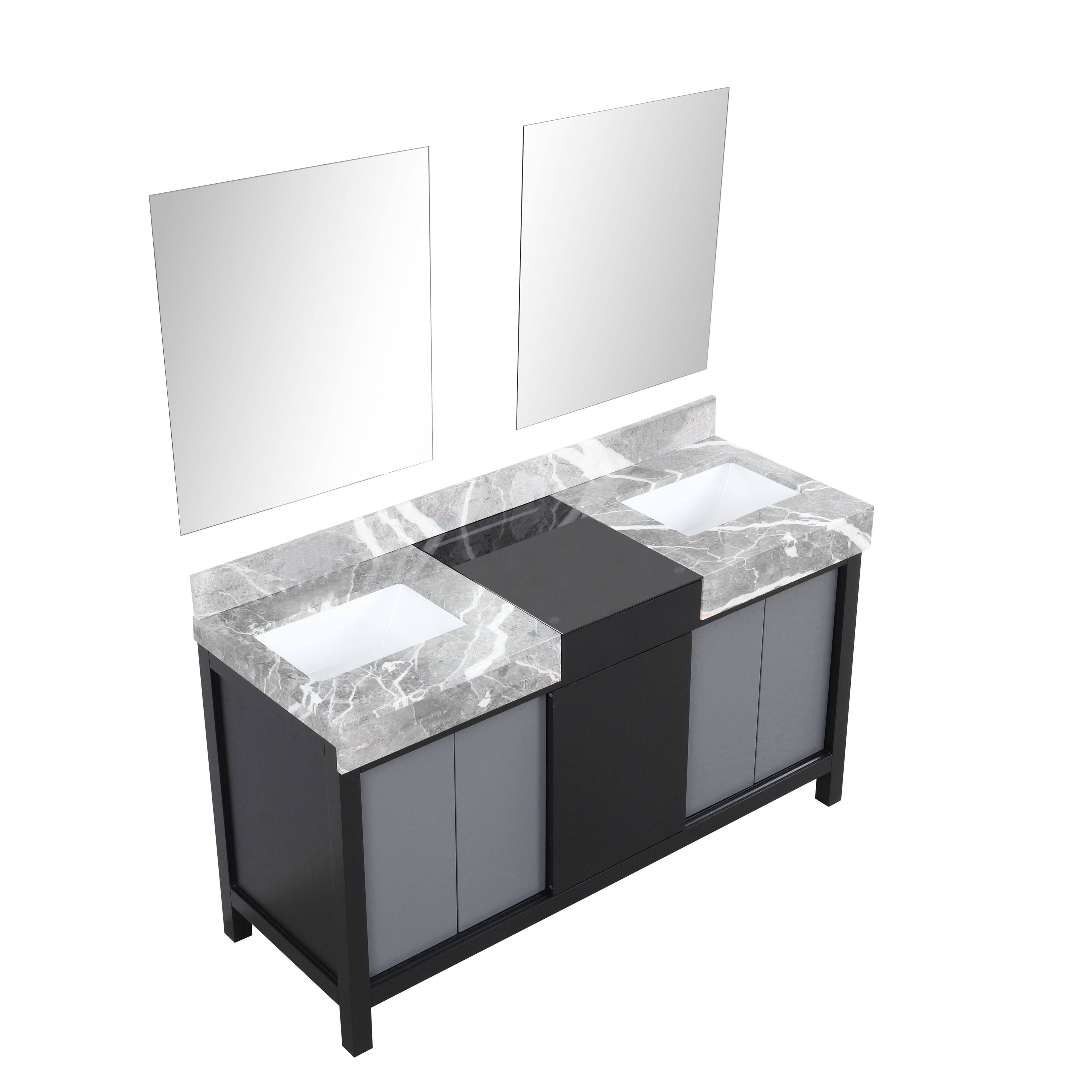 Lexora LZ342260DLISM28 Zilara 60x22 Black and Grey Double Vanity, Castle Grey Marble Tops, White Square Sinks, and 28x22 Framele