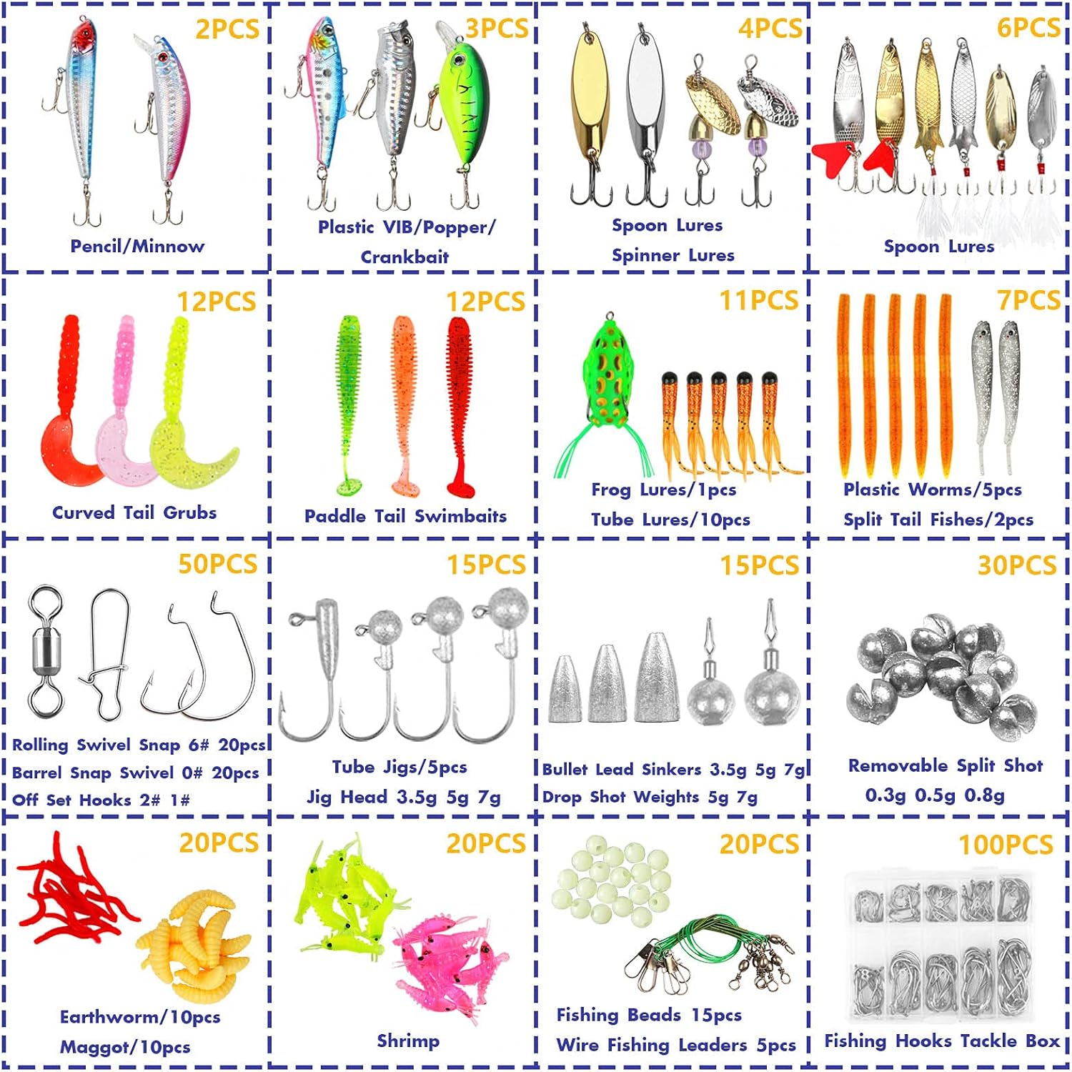 TCMBY 327PCS Fishing Lure Tackle Baits Kit for Freshwater with Tackle Box Including Crankbaits, Soft Plastic Worm, Spinnerbaits, Spoon, Topwater Lures, Hook, Jigs for Bass Trout Fishing.