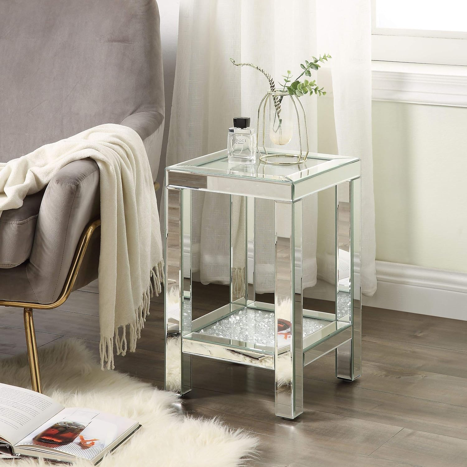 Mirrored End Table with Crystal Inlay, Square Modern Side Table Silver Accent Table, Drum End Table for Living Room Bedroom from MIREO Fine Furniture