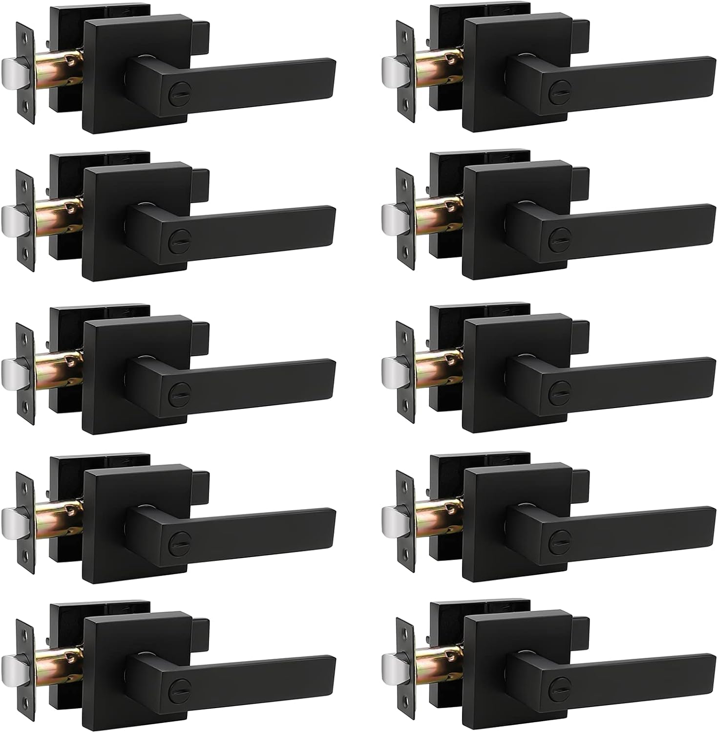 Probrico Heavy Duty Flat Black Square Privacy Interior Door Levers Bedromm and Bathroom Door Handles Keyless Bed/Bath Lockset (10 Pack)