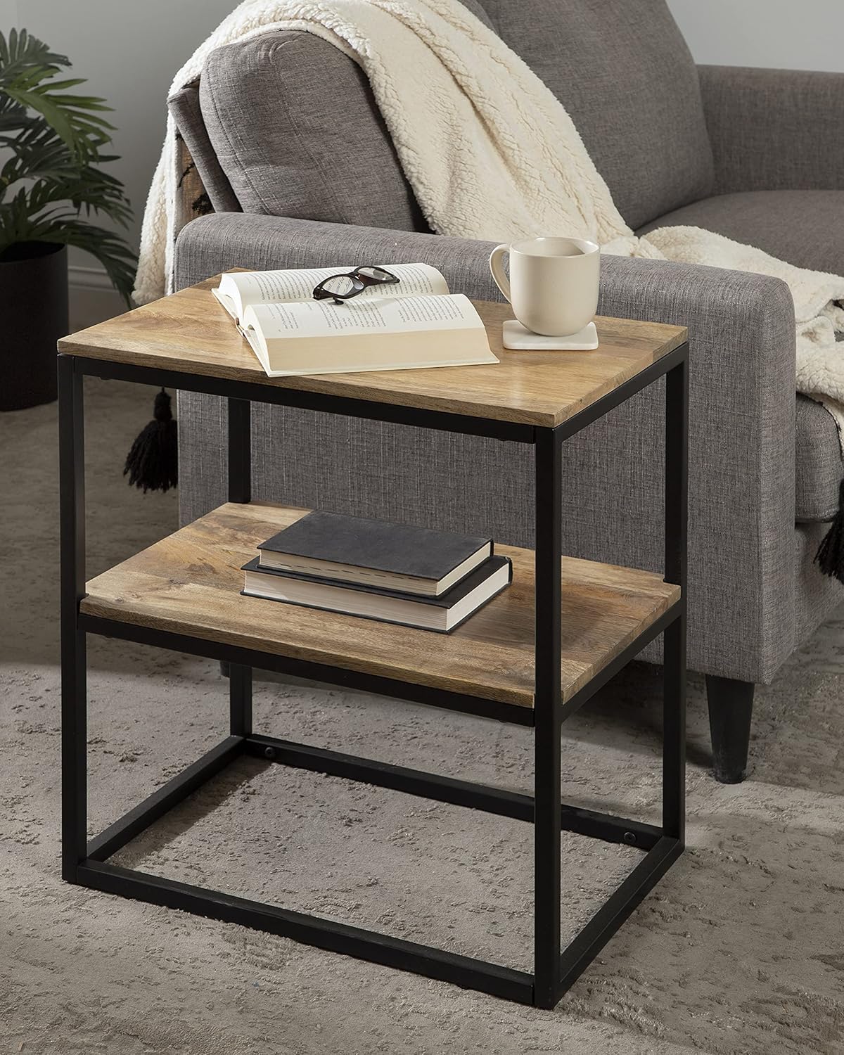 Kate and Laurel Quarles Wood and Metal Side Table, 22x14x24, Natural/Black