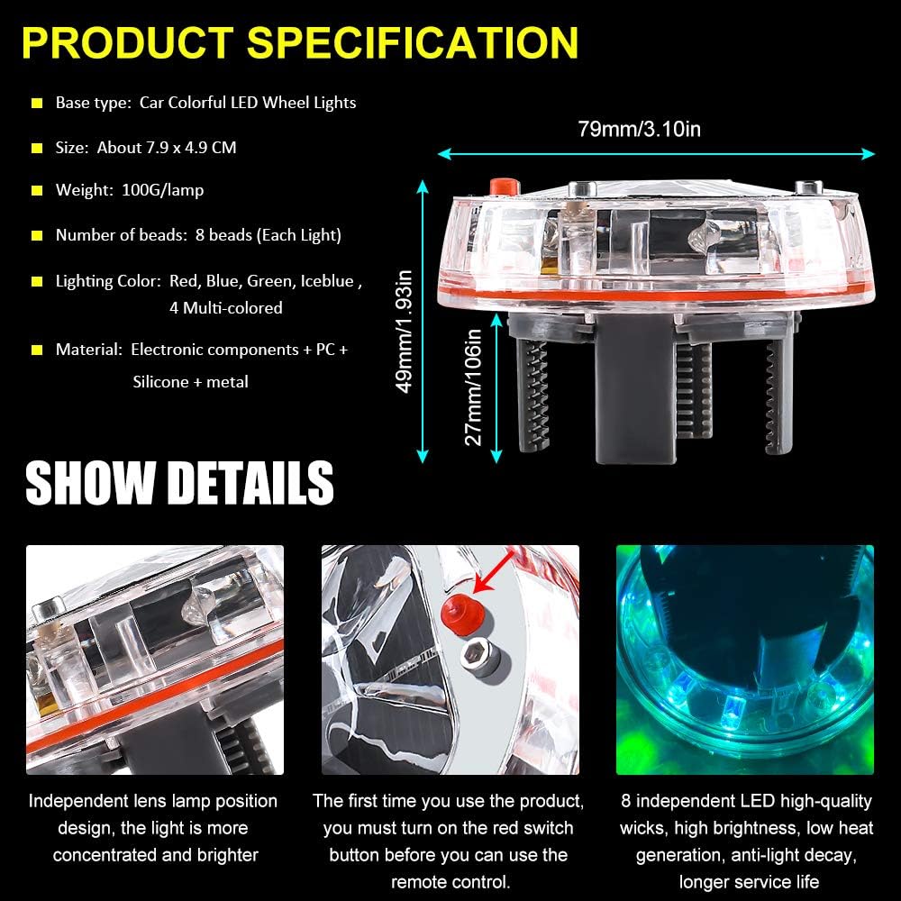 Chemini Car Wheel Tire Light Solar Energy Motion Sensors Hub Light With Wireless Remote Flashing Colorful Air Valve Hub Lamp Cap Light Waterproof 4Pack