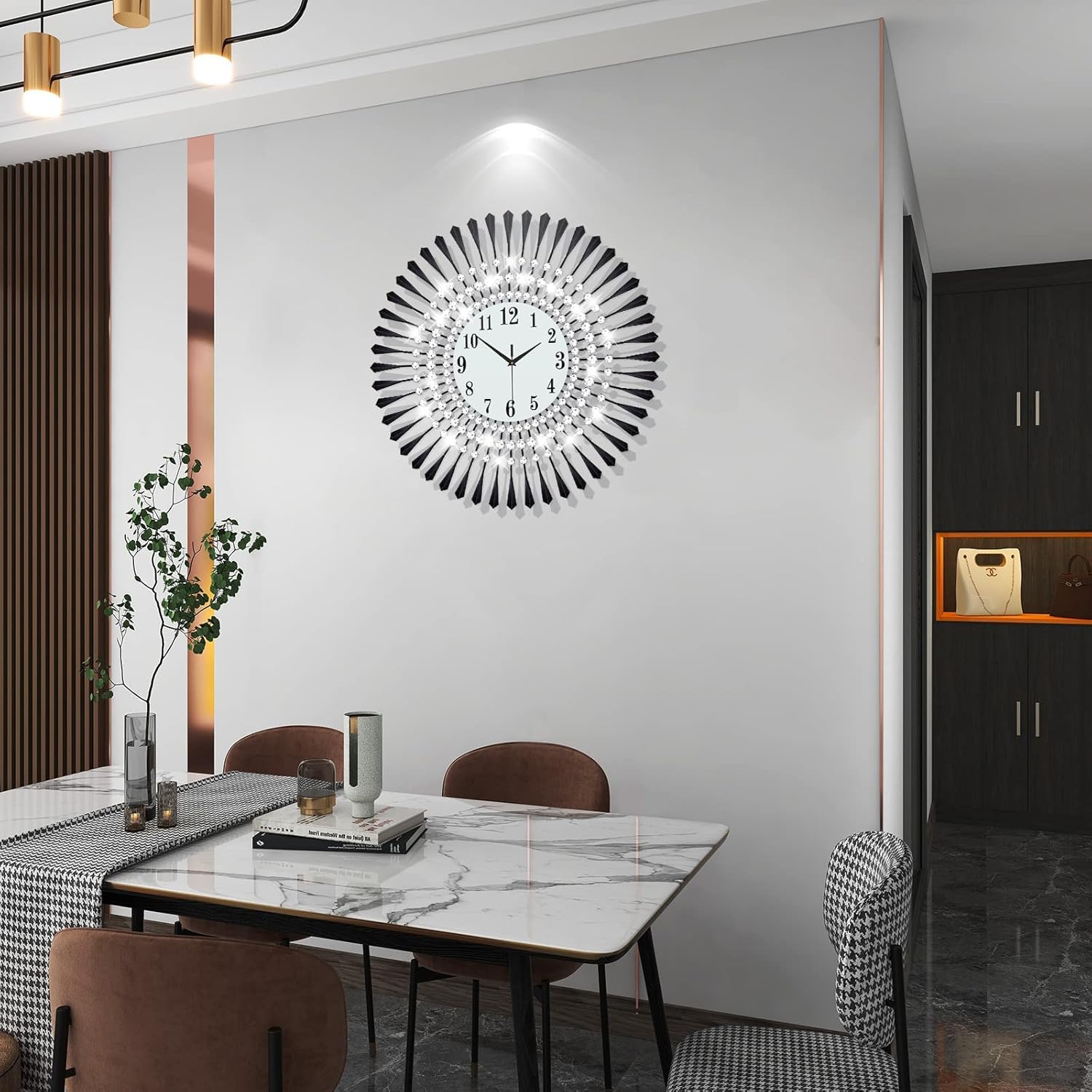 JUJUDA Large Wall Clock for Living Room Decor Big Modern Crystal Wall Clocks Decorations for Home Kitchen Dining Room Indoor Silver Giant Wall Clocks Battery Operated Decorative for Fireplace 24 Inch