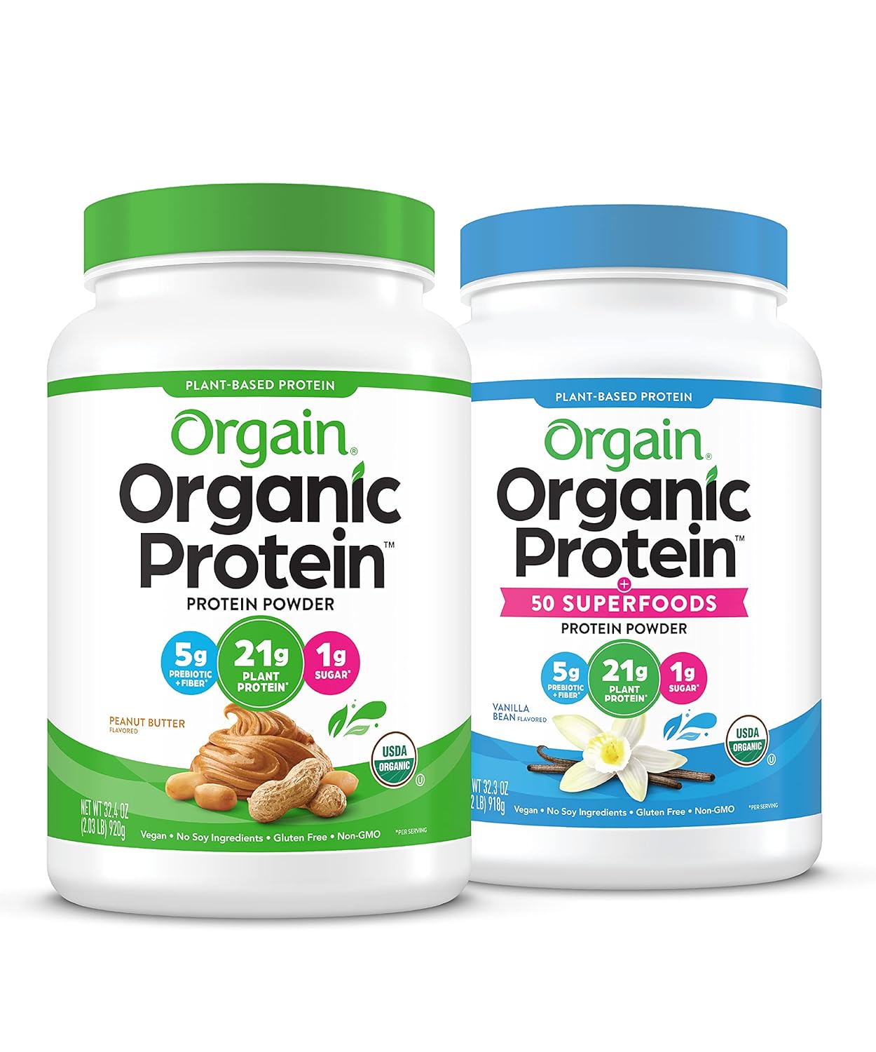 Orgain Organic Plant Based Protein Powder, Peanut Butter - Vegan, Low Net Carbs, 2.03 Pound & Organic Plant Based Protein + Superfoods Powder, Vanilla Bean - Vegan, Non Dairy, Lactose Free, 2.02 lb Pack of 2
