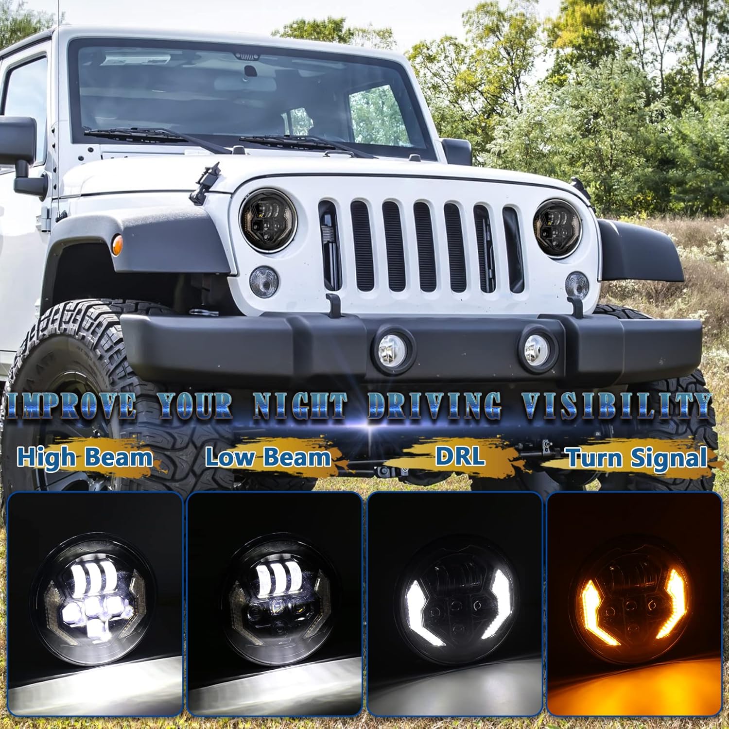 PXPART JK Headlights, Newest Round LED Headlights 7 Inch Black With DRL Amber Turn Signal DOT&nbsp;Approved Compatible With Jeep Wrangler JK TJ CJ LJ Land Rover Hummer