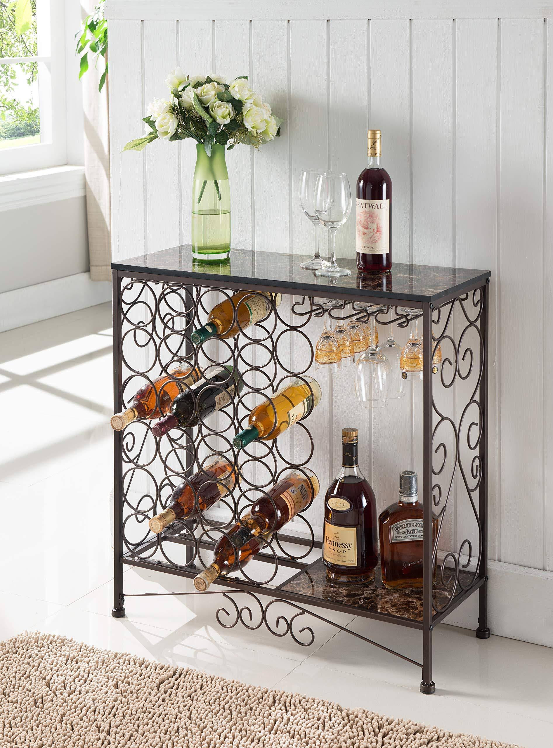 Kings Brand Furniture Metal with Marble Finish Top Console Table with Wine Rack