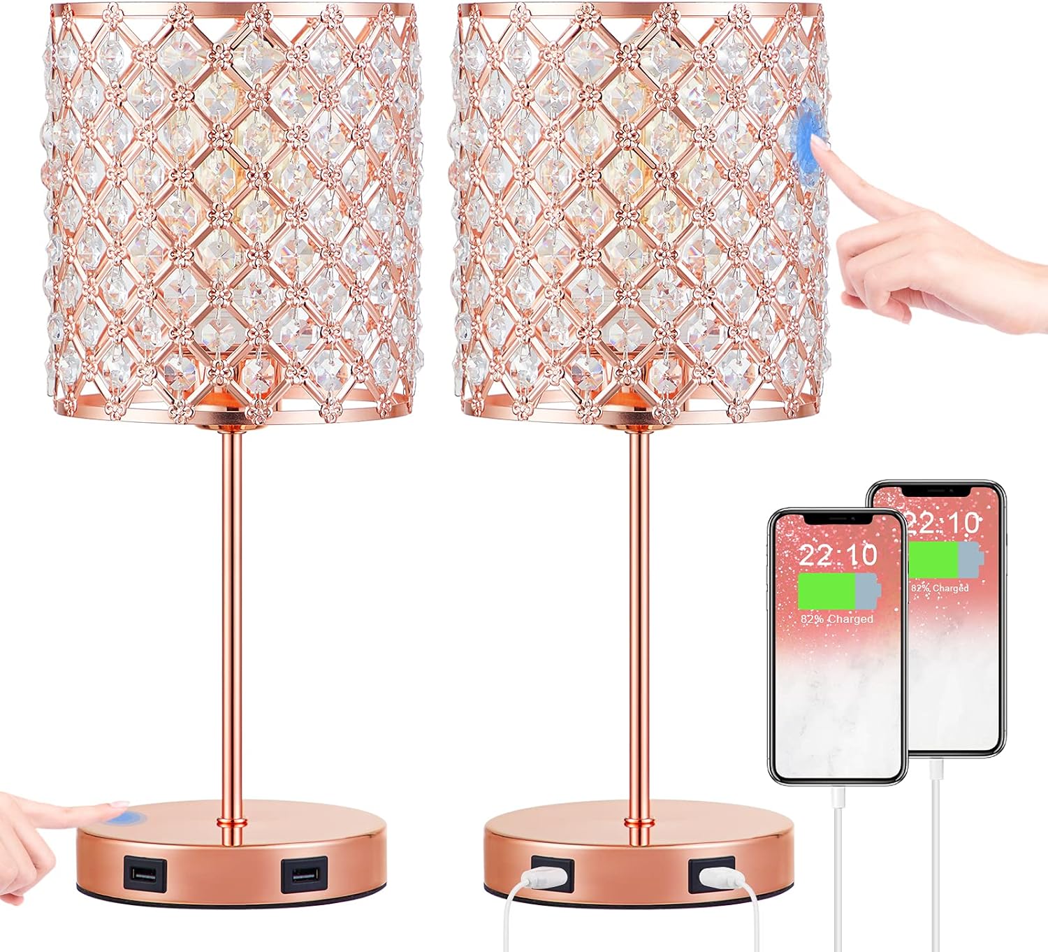 Touch USB Crystal Lamp, Sliver Crystal Lamp Set of 2 with Bulbs, Bedside Lamps with Dual USB Ports and 3 Way Dimmable Touch, Nightstand Lamp Desk Light for Bedroom Living Room(Included Bulbs&2 Packs)