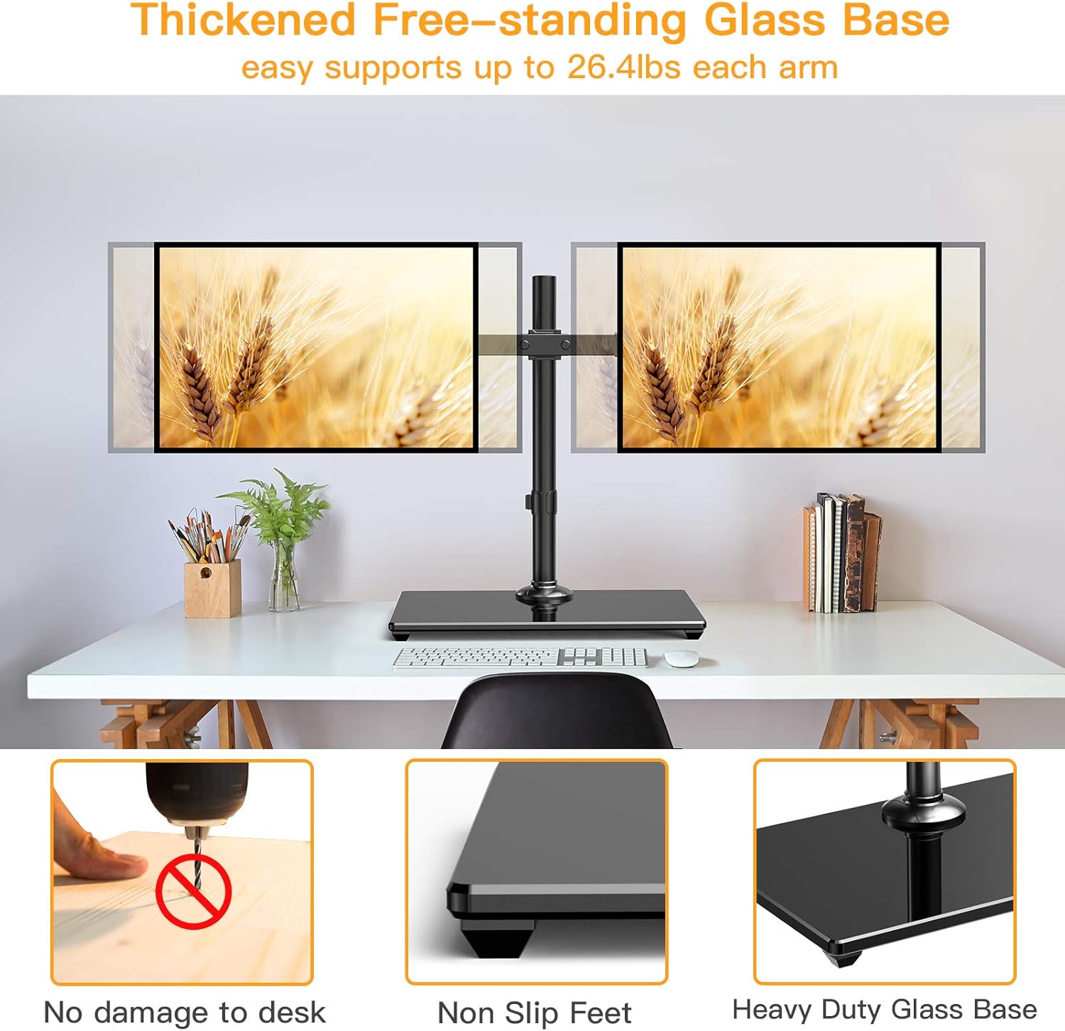 ErGear Dual Monitor Stand with Glass Base, Freestanding Height Adjustable Two Arm Monitor Mount, Heavy Duty Structure Supports Most 17-32” Monitors up to 26.4lbs, EGCM6 Pack of 2