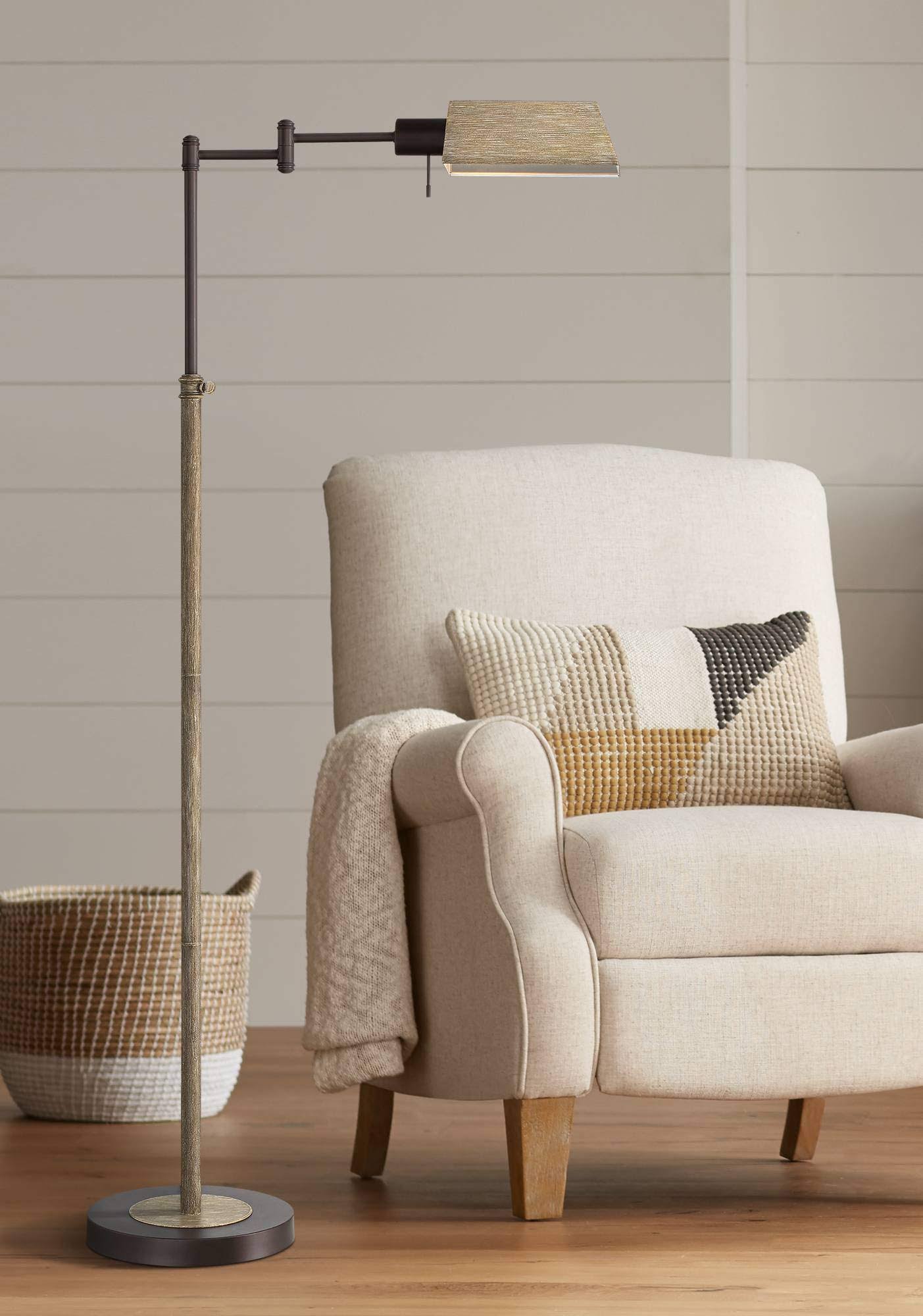 Regency Hill Rustic Farmhouse Swing Arm Pharmacy Floor Lamp Bronze Faux Wood Adjustable Height Living Room Reading Bedroom Offic