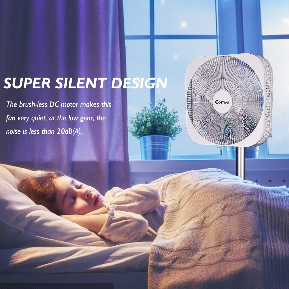 COSTWAY Pedestal Fan, 12-Inch DC Cooling Oscillating Standing Fan, Silent Designing Stand Floor Fan w/Remote Control, 6 Speed Options, 8 Hour Timer Setting Bracket, White