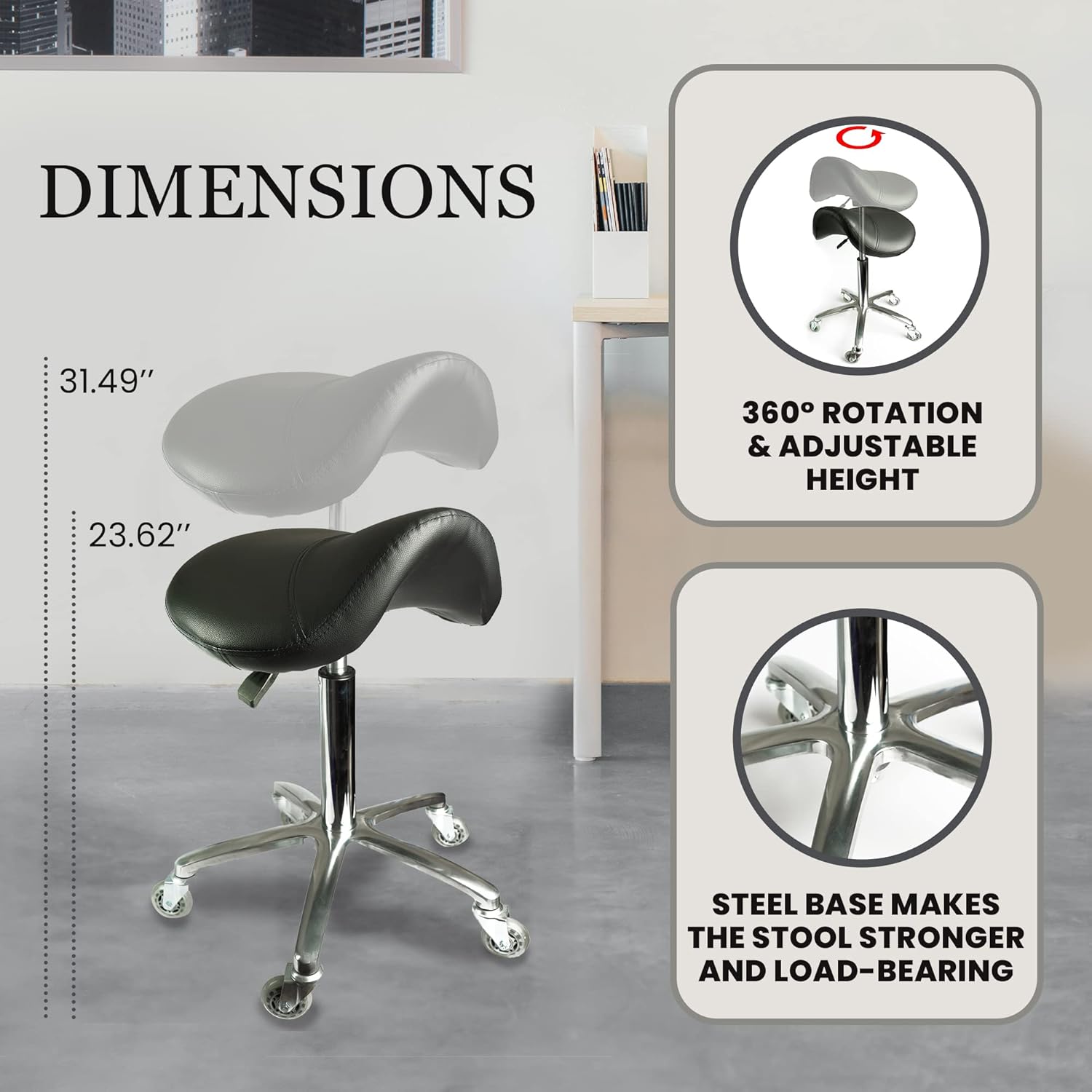 Unique Saddle Stool | Ergonomic Adjustable Hydraulic Saddle Chairs with Wheels | 360 Degree Rotation and Adjustable Height Padding Black Chair Seat