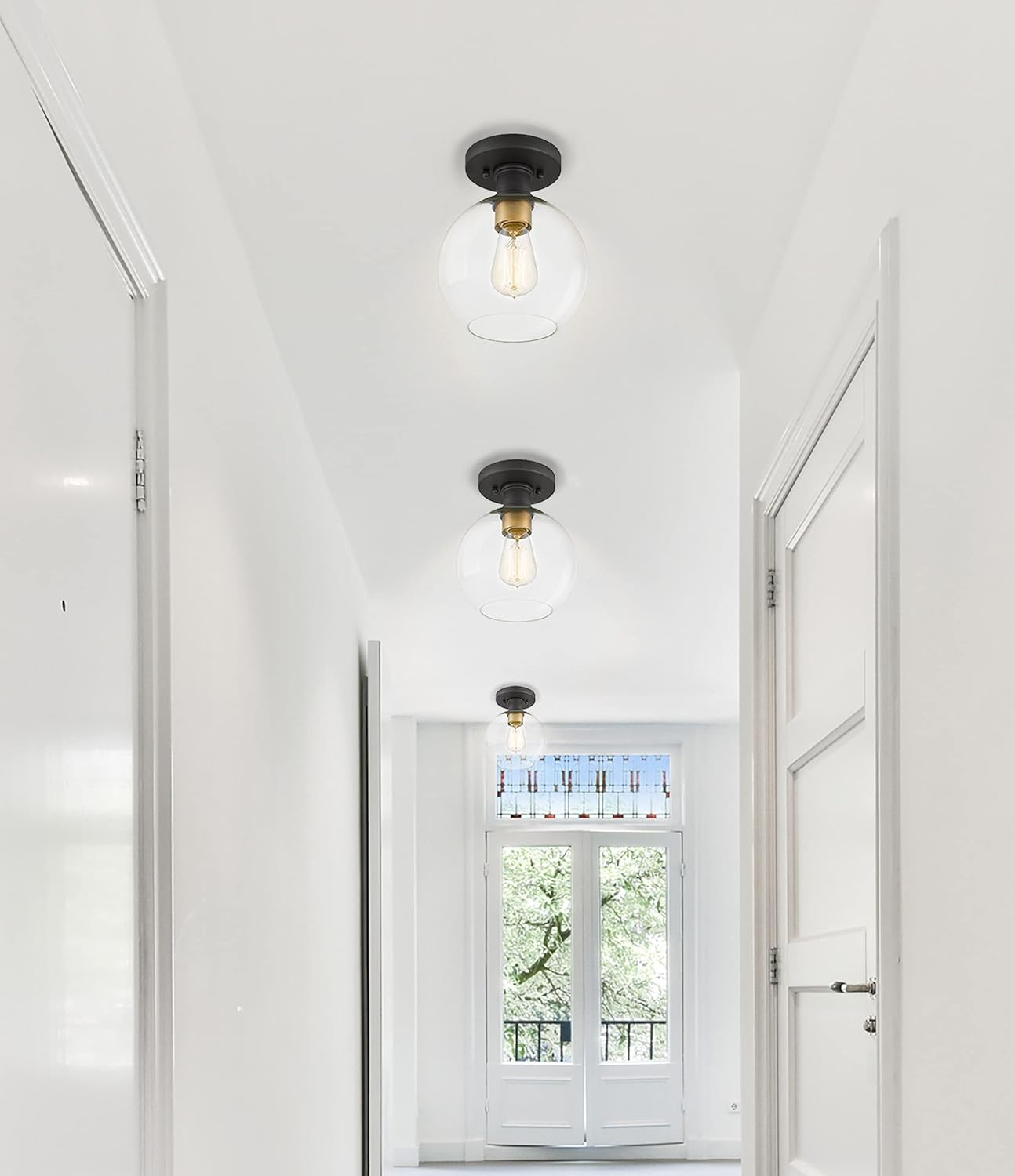 Tawson Dan Modern Farmhouse 1-Light Flush Mount Ceiling Light Fixture Clear Glass Globe Shade Black Gold Finish for Hallway, Entryway, Passway, Dining, Bedroom, Garage, Kitchen, Balcony Living Room