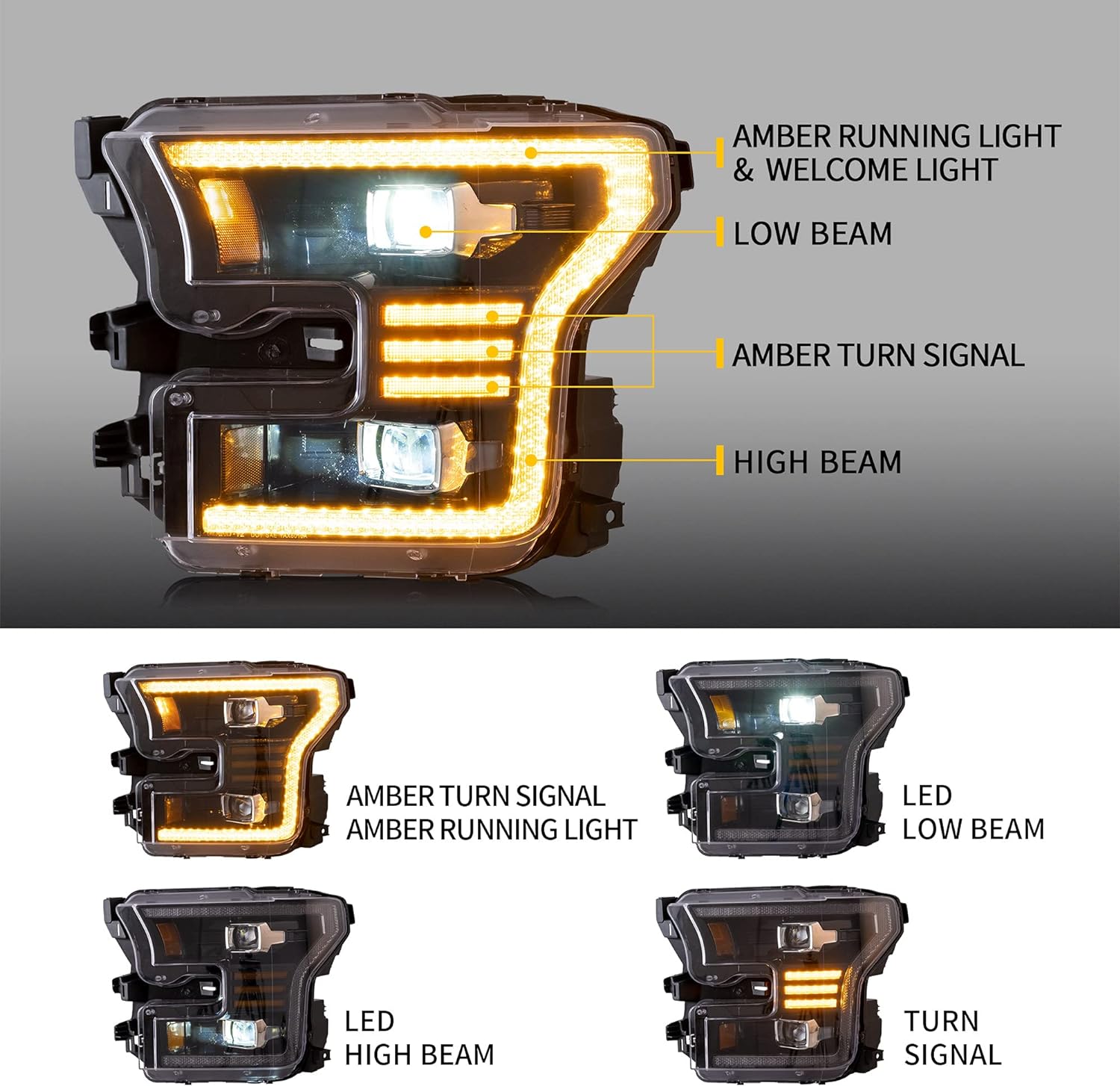 VLAND LED Amber DRL Headlights & Smoked Taillights Compatible For [ 2015 2016 2017 Ford F150 ] With Red Turn Signal Lights Lamps Assembly, (Not Fit a BLIND Model & Factory LED Version)