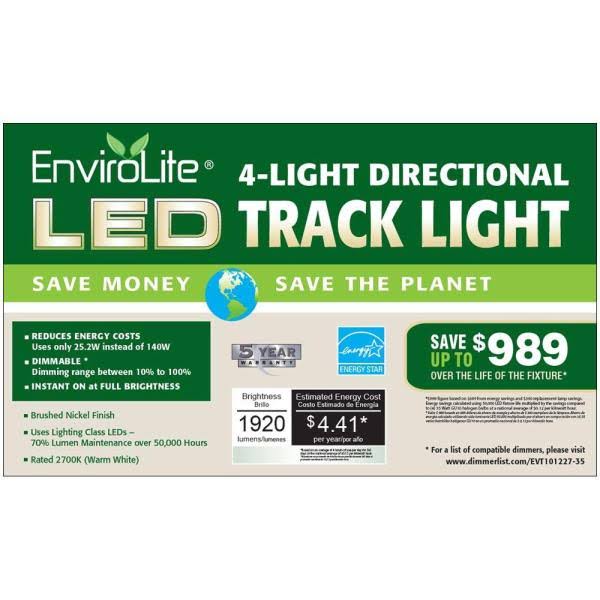 EnviroLite 4-Light LED Track Fixture, 3 ft, Straight Bar, Brushed Nickel, Dimmable, Integrated LED Included EVT101227-35