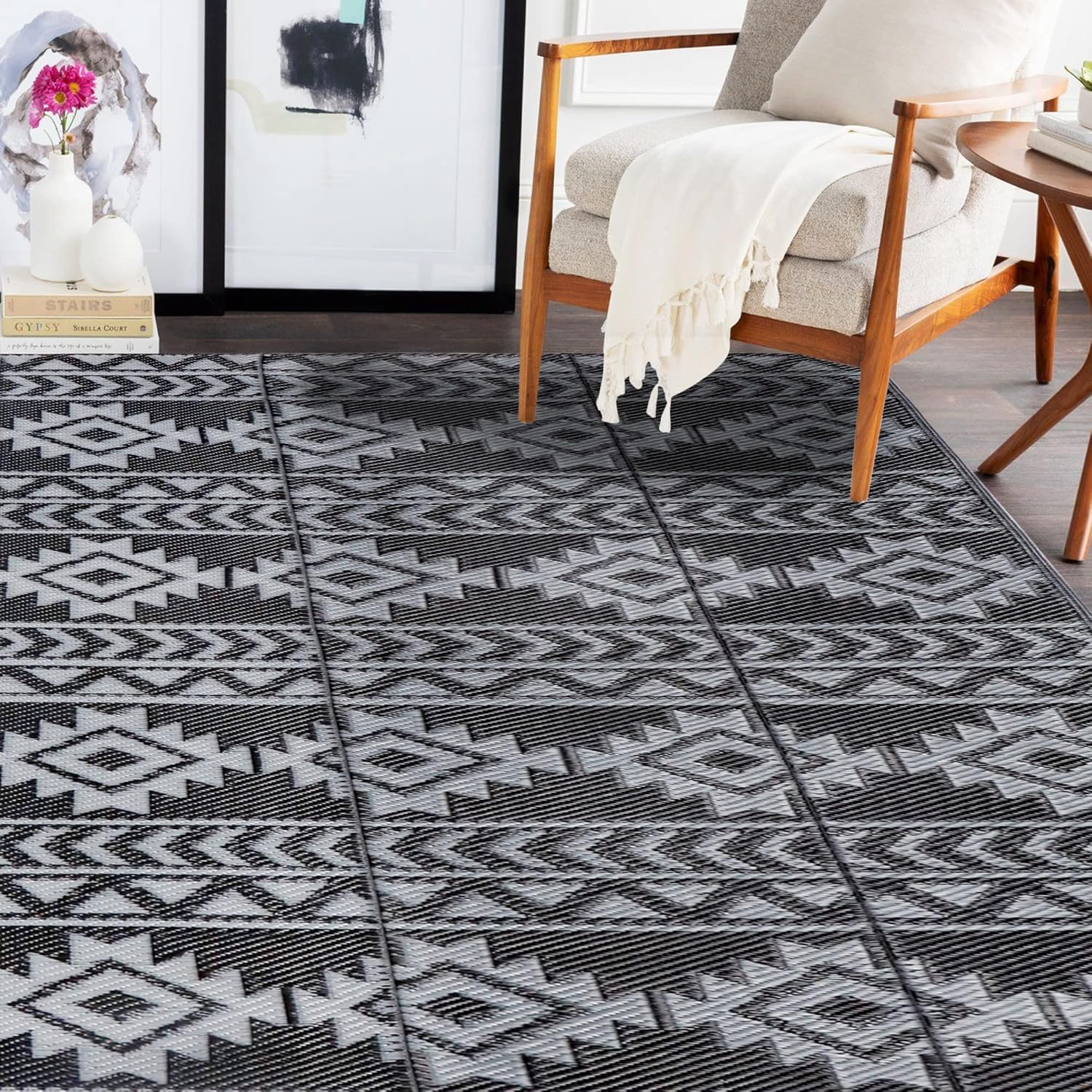 SAND MINE Reversible Mats, Plastic Straw Rug, Modern Area Rug, Large Floor Mat and Rug for Outdoors, RV, Patio, Backyard, Deck, Picnic, Beach, Trailer, Camping (5' x 8', Blue & White)