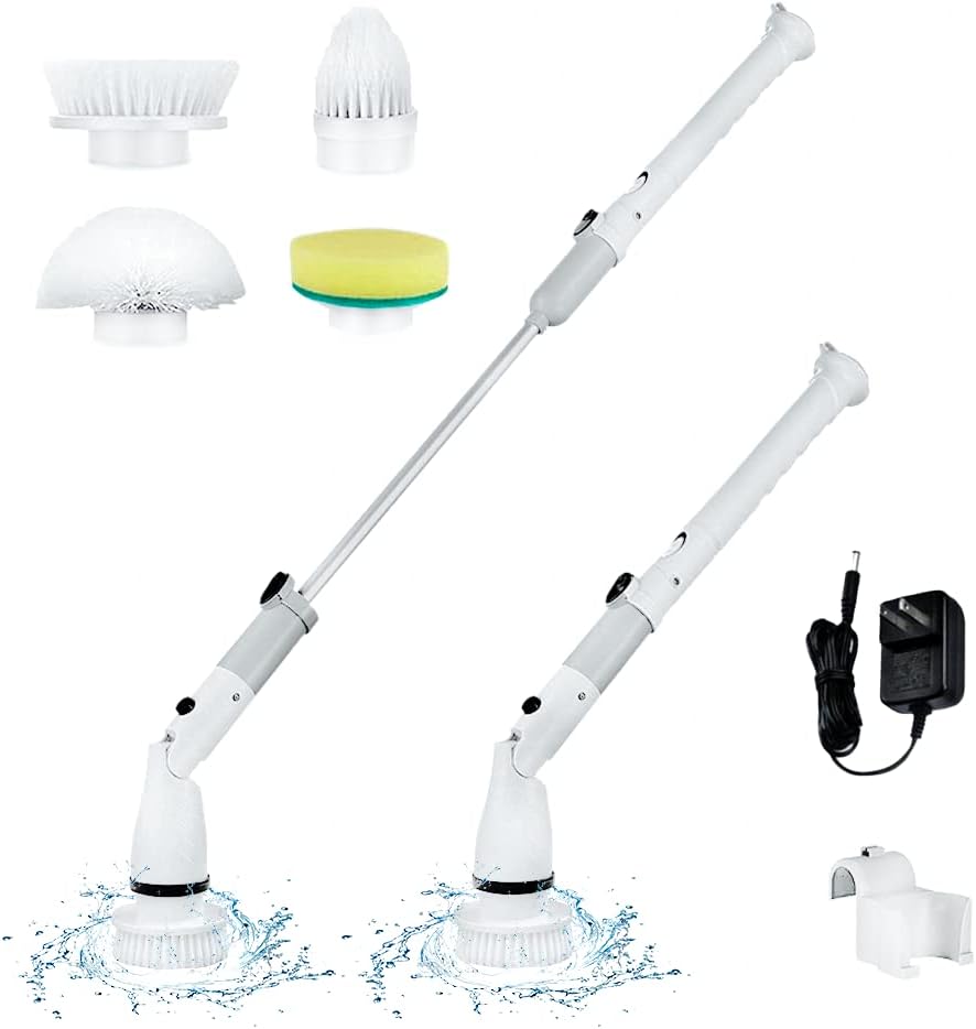 Electric Spin Scrubber, Cordless Electric Cleaning Brush with 4 Replaceable Brush Heads and Adjustable Extension Handle, Multi-Purpose Electric Scrubber for Bathroom, Kitchen, Tub, Tile, Window