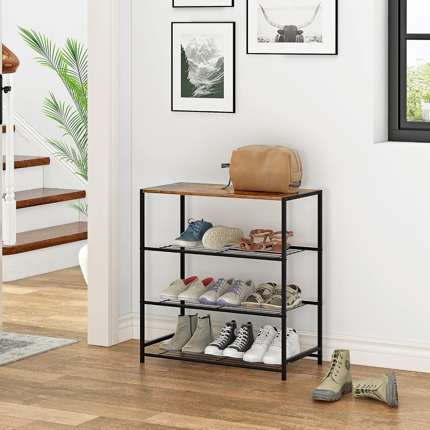 Petiture 4 Tier Shoes Rack Shelves with Wood Board, Entryway Table for Hallway, Living Room, Closet, BedroomRustic Brown (Rustic Brown)
