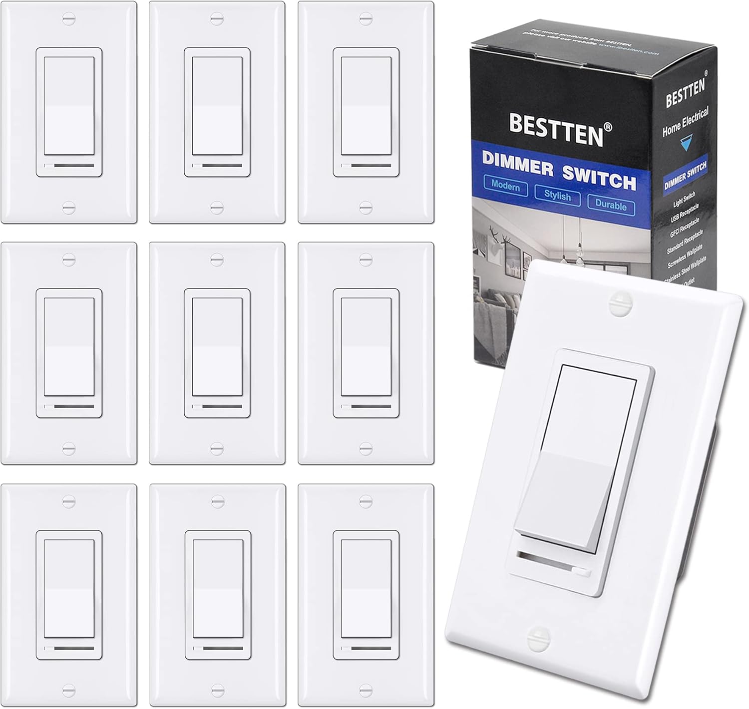 [10 Pack] BESTTEN Dimmer Light Switch, Single-Pole or 3-Way, 120V, Compatible with Dimmable LED, CFL, Incandescent and Halogen Bulbs, Decorator Wallplate Included, UL Listed, White