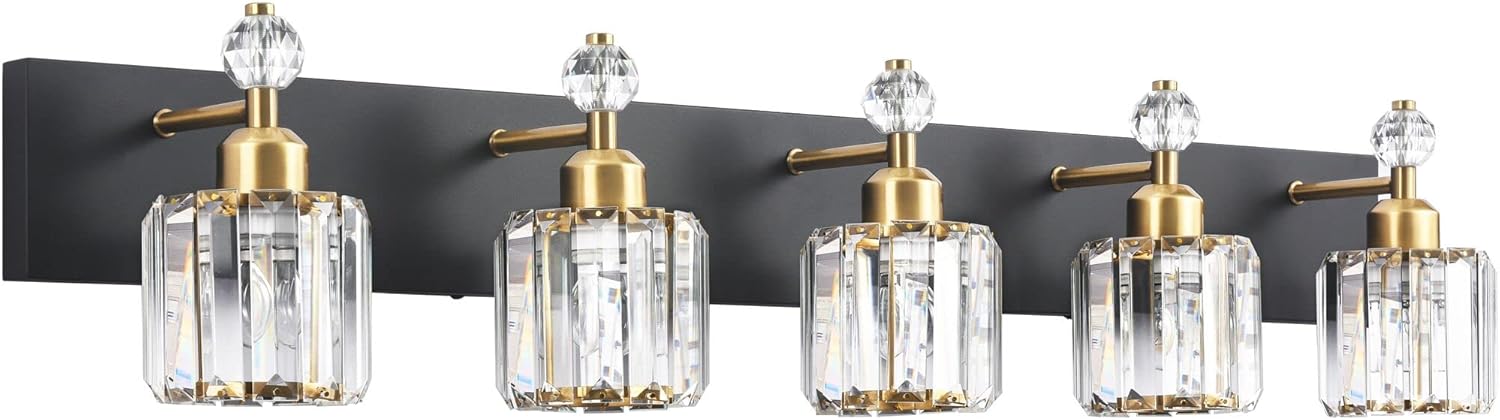 PRESDE Black Gold Crystal Bathroom Vanity Lights Fixtures Over Mirror Modern 3 Light Stainless Steel Bath Wall Lighting