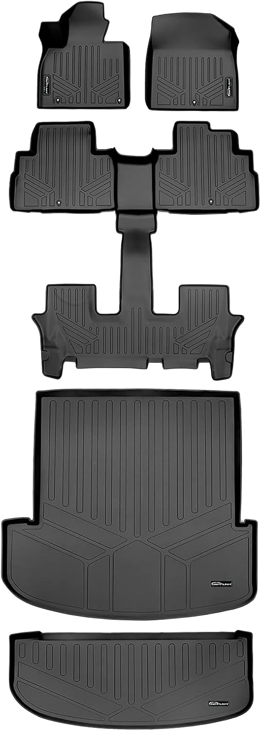 SMARTLINER All Weather Custom Fit Black 3 Row & Both Cargo Liners Floor Mat Bundle Compatible with 2020-2023 Kia Telluride with 2nd Bucket Seats Without Center Console
