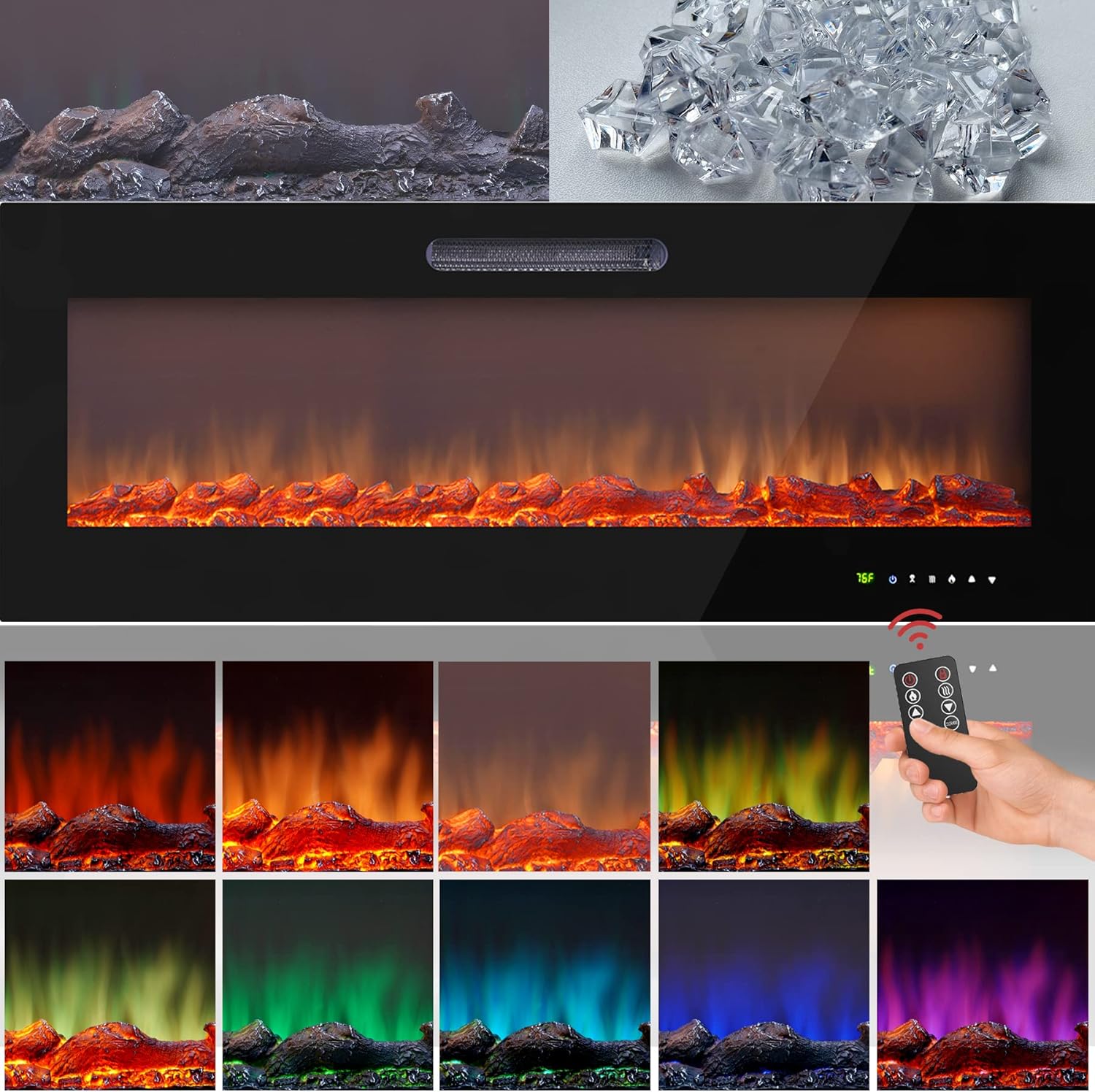 JINLLY 50 Inch Electric Fireplace, Recessed Wall Mounted Electric Fireplace with Touch Screen , Remote Control, Adjustable Flame Colors Brightness, Timer, 750/1500 W, Log and Crystal Options