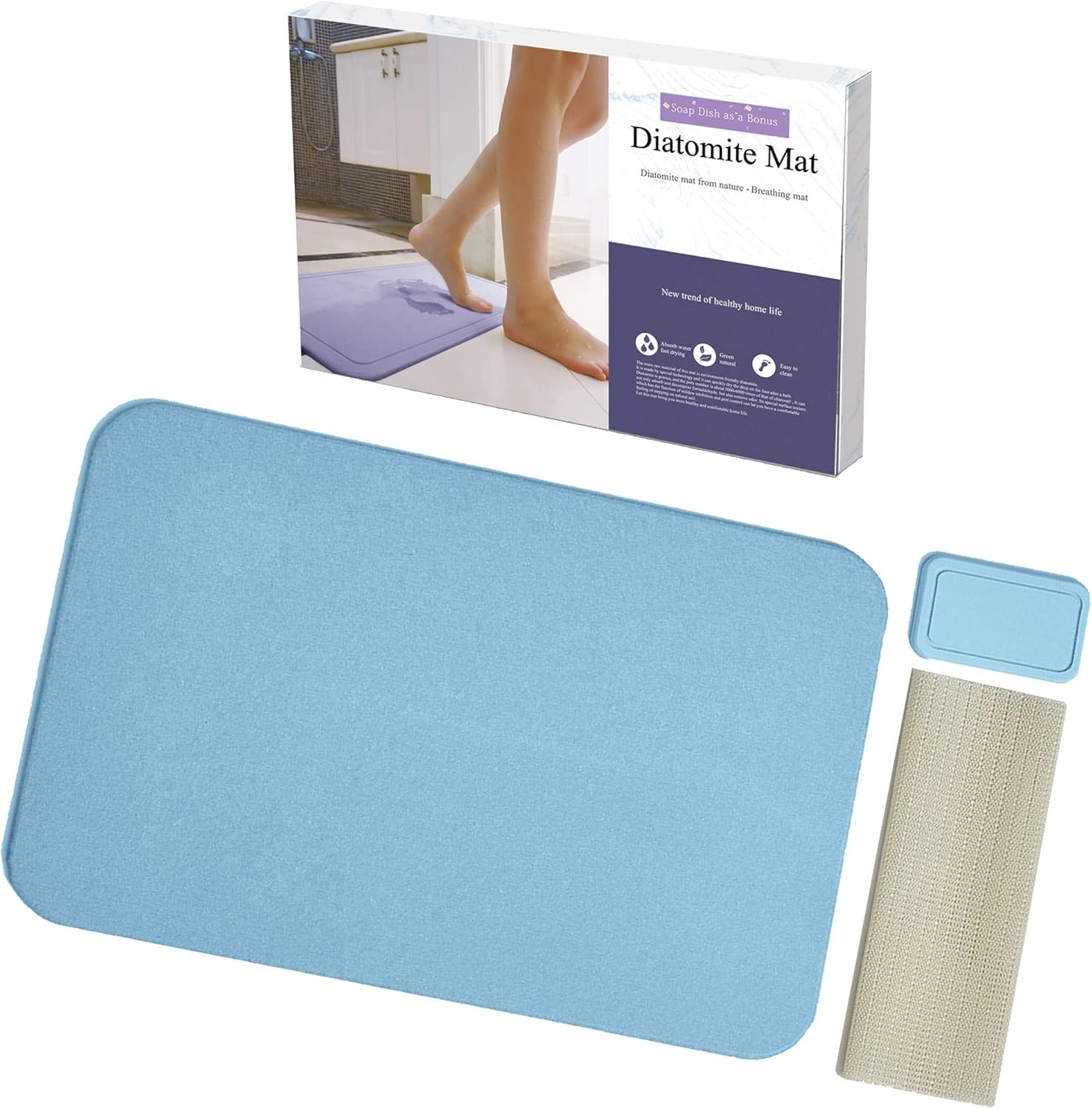 Japanese Style 23.6'' x 15.3'' Fast Water Absorbing Diatomite Hard Mat for Bathroom with Anti-Slip Pad and Soap Dish, Green Pack of 2