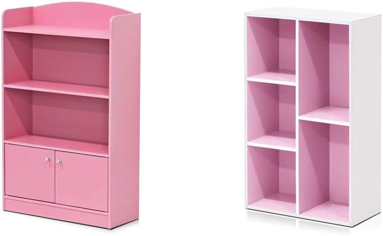 FURINNO Stylish Kidkanac Bookshelf With Storage Cabinet, Pink