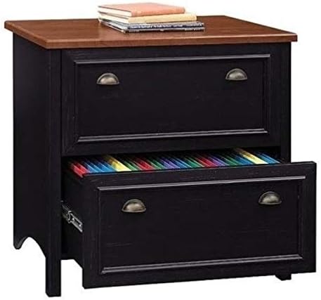 Bowery Hill 2 Drawer Lateral Wood File Cabinet in Distressed Black and Cherry, Full-Extension Drawers