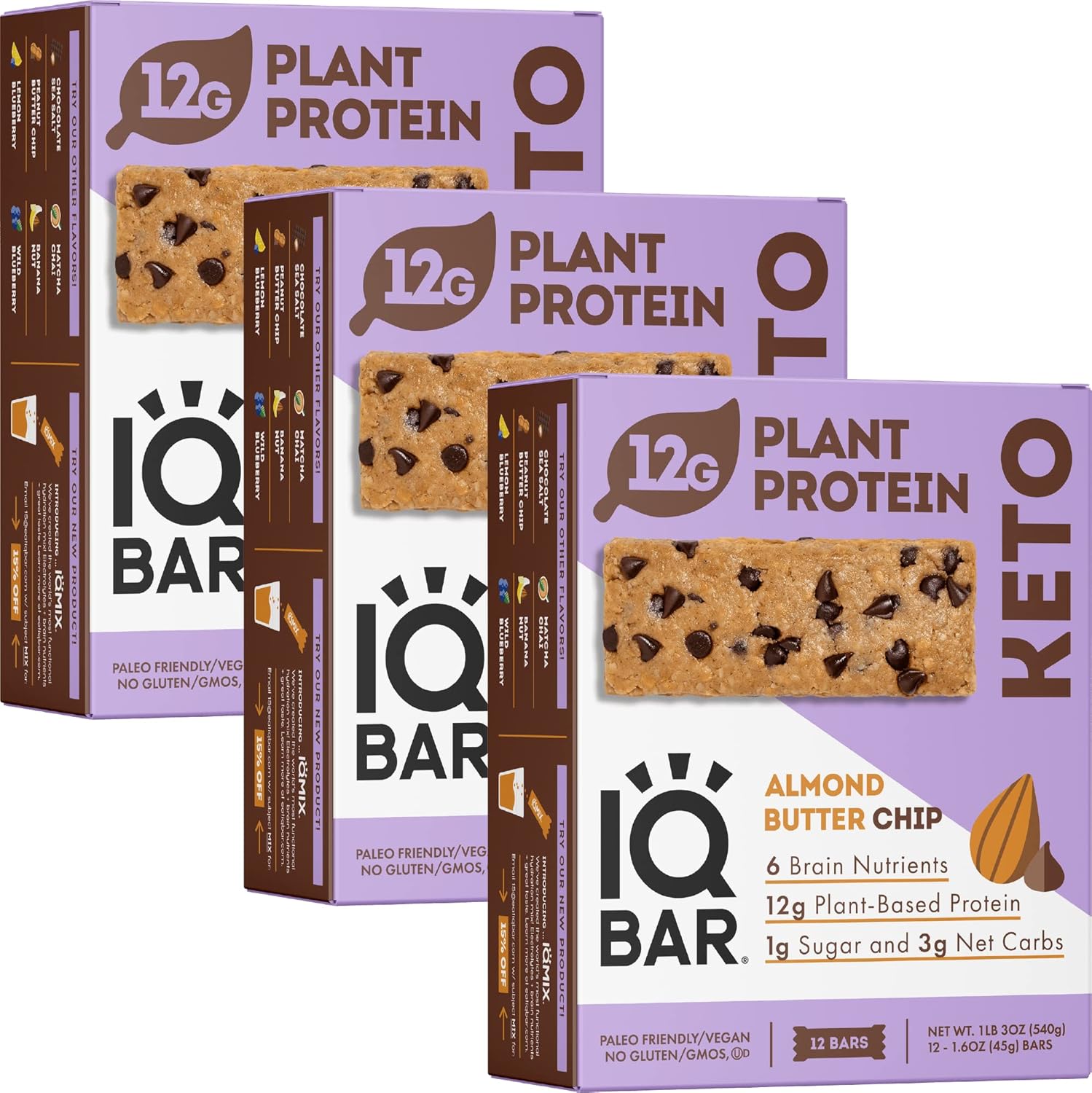 IQBAR Brain and Body Keto Protein Bars - Almond Butter Chip Keto Bars - 36-Count Energy Bars - Low Carb Protein Bars - High Fiber Vegan Bars and Low Sugar Meal Replacement Bars - Vegan Snacks Pack of 2