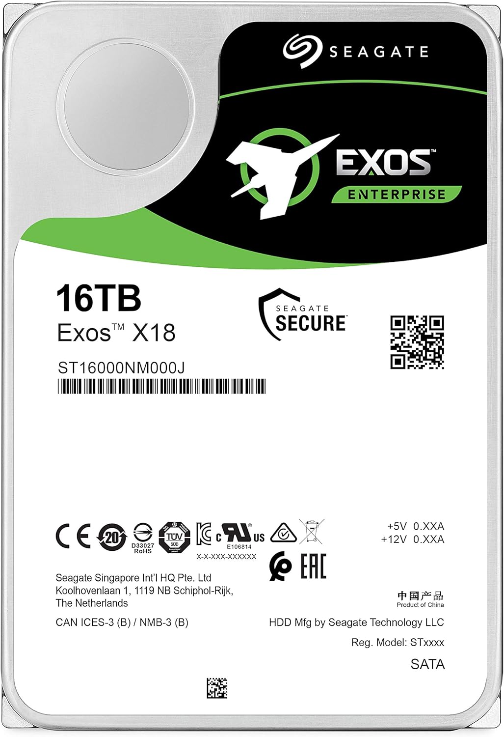 Seagate Exos X18 16TB Enterprise HDD - CMR 3.5 Inch Hyperscale SATA 6Gb/s, 7200 RPM, 512e and 4Kn FastFormat, Low Latency with Enhanced Caching (ST16000NM000J)