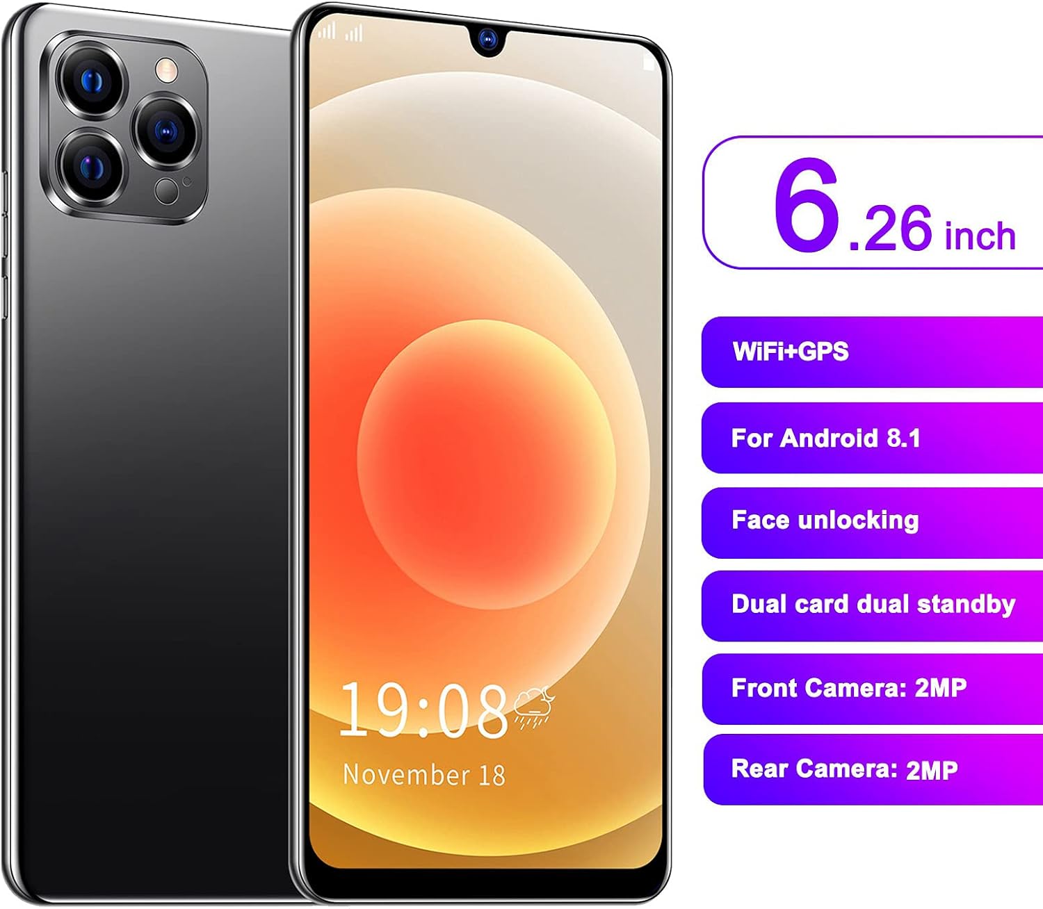 Unlocked Smartphone,IP12 PRO+ Android Smartphone 6.26in Large Screen Unlocked Cellphone Face Recognition Unlocked Android Smartphone Dual Card Dual Standby(Black)