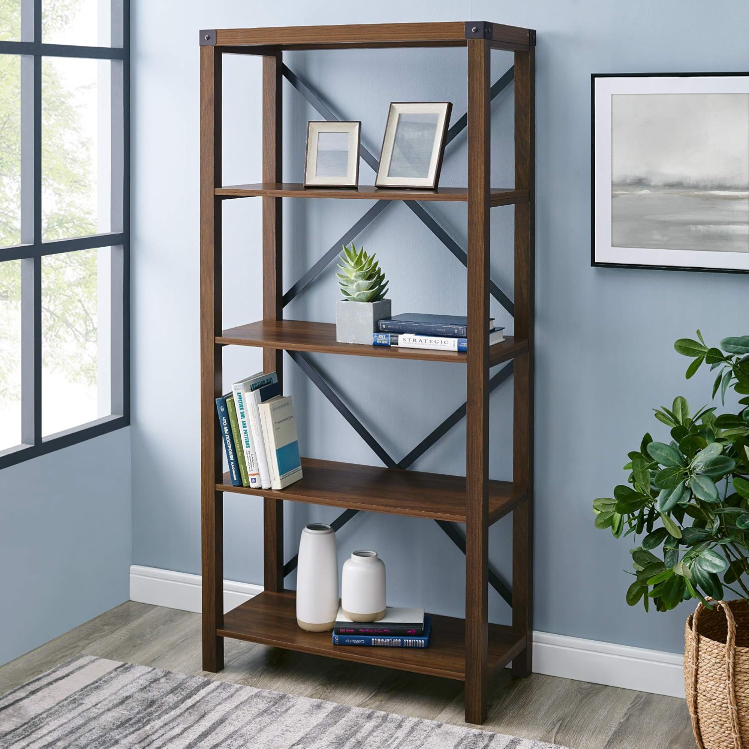 Walker Edison Andersen Urban Industrial Metal X Back Bookshelf, 64 Inch, Grey Wash
