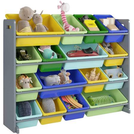 Cinak Toddler's Toy Storage Organizer with 16 Multiple Color Plastic Bins Shelf Drawer for Kid's Bedroom Playroom,Gray Rack, Siz