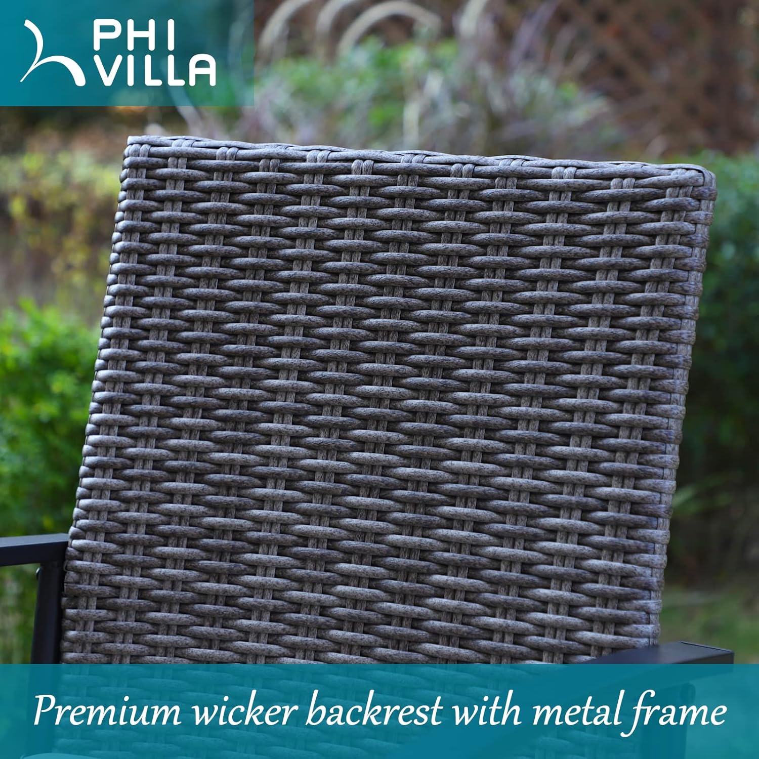 PHI VILLA Outdoor Patio Bar Stools with Brown Wicker Backrest & Metal Frame, All Weather Bar Height Rattan Patio Chairs with Armrest, Barstool Patio Furniture for Lawn Garden, Beige Cushion, Set of 2