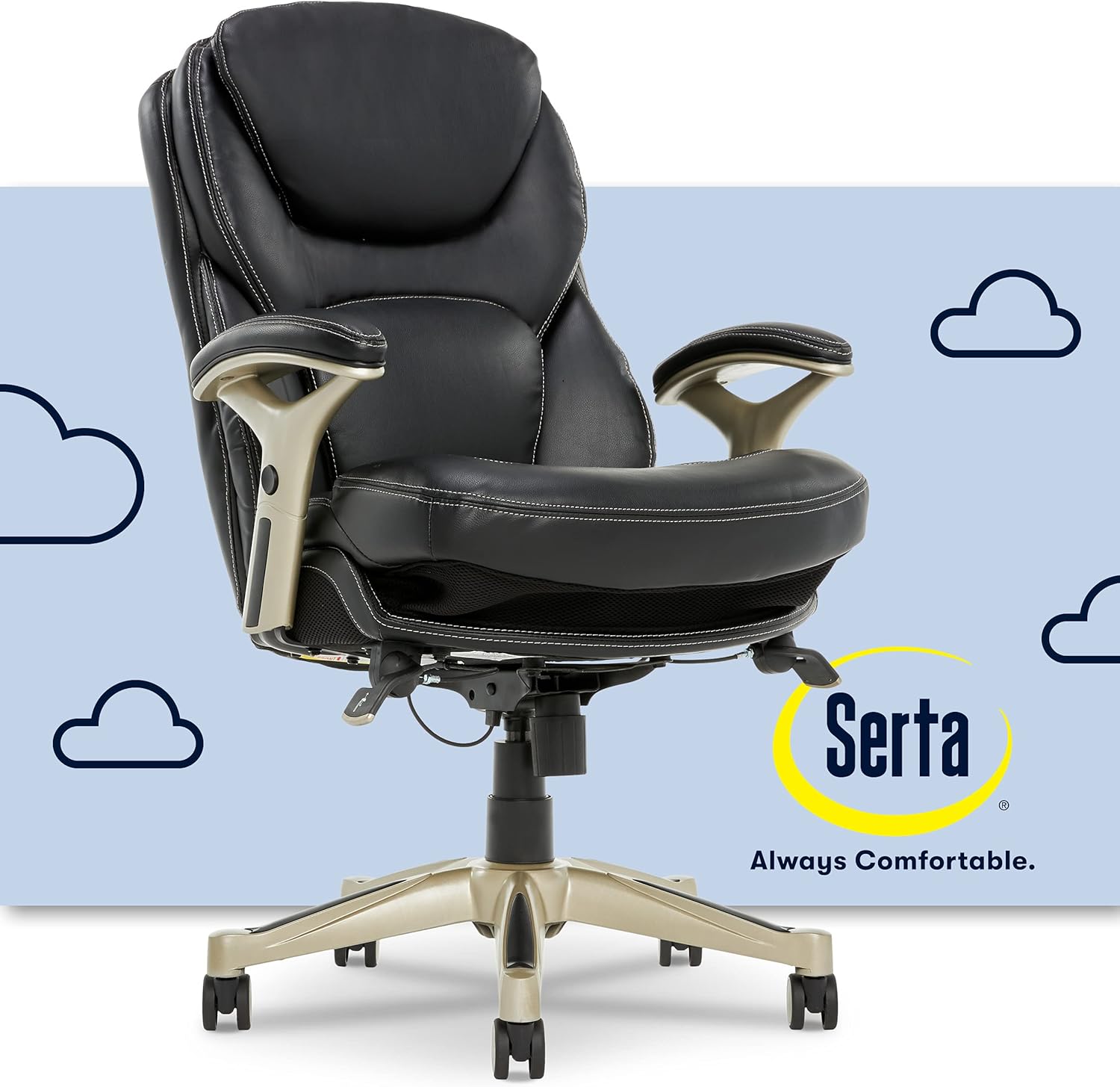 Serta Ergonomic Executive Office Motion Technology, Adjustable Mid Back Desk Chair with Lumbar Support, Black Bonded Leather