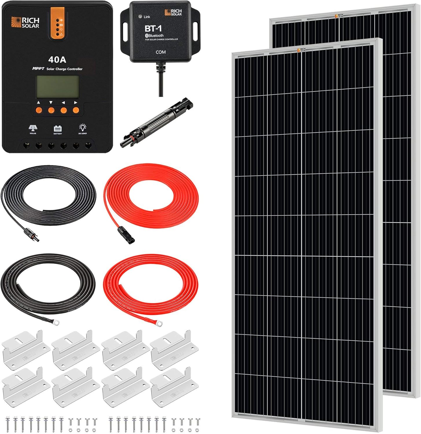 RICH SOLAR 400 Watt 12 Volt 2 Pcs 200W Panel+40A MPPT Charge Controller+ Bluetooth Module Fuse+ Mounting Z Brackets+Adaptor Kit +Tray Cables Set,Grid 12V Solar Power System