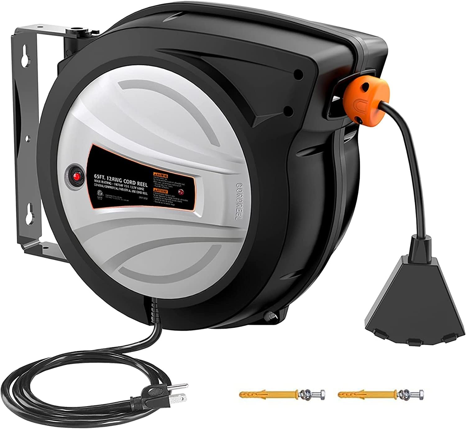 Extension Cord Reel, 65ft Retractable Extension Cord + 4.5ft/12AWG/SJTOW Rated Cord, Cord Holder with Swivel Bracket, Overload Protection, Auto Retraction and Triple Socket for Wall/Ceiling Mounting