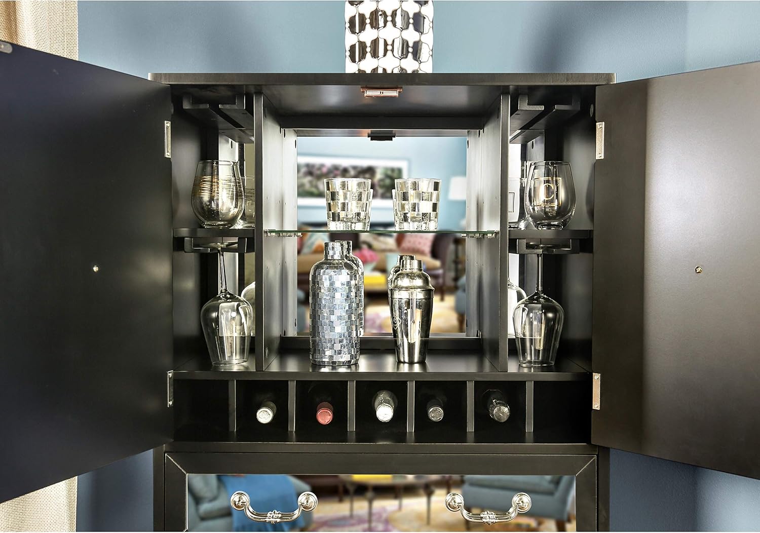 Furniture of America Revi Contemporary Black Solid Wood Wine Cabinet
